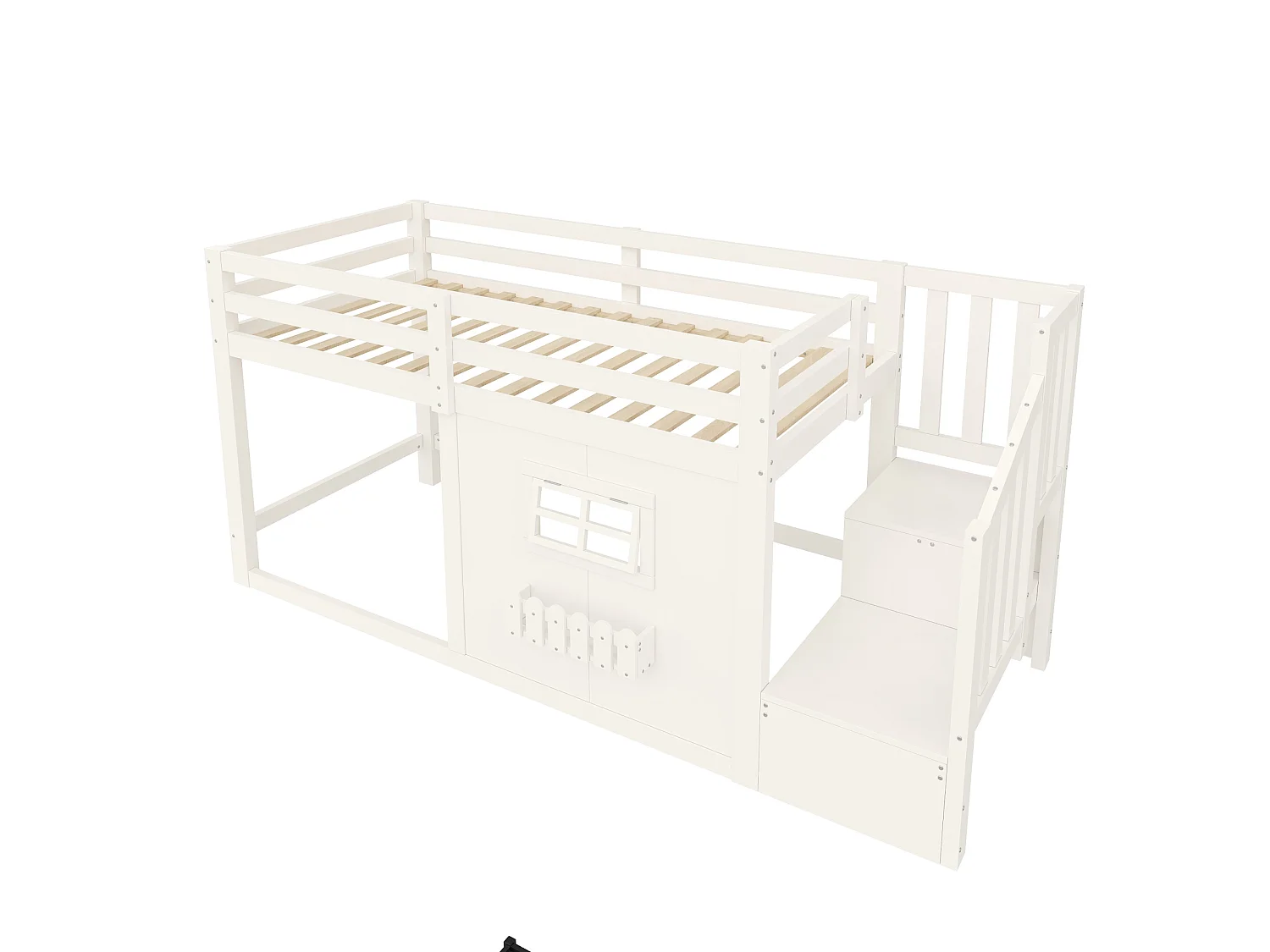 Lit mezzanine 90 x 200 cm - avec fenêtre - avec échelle de rangement - avec bande lumineuse LED - blanc (matelas non inclus)