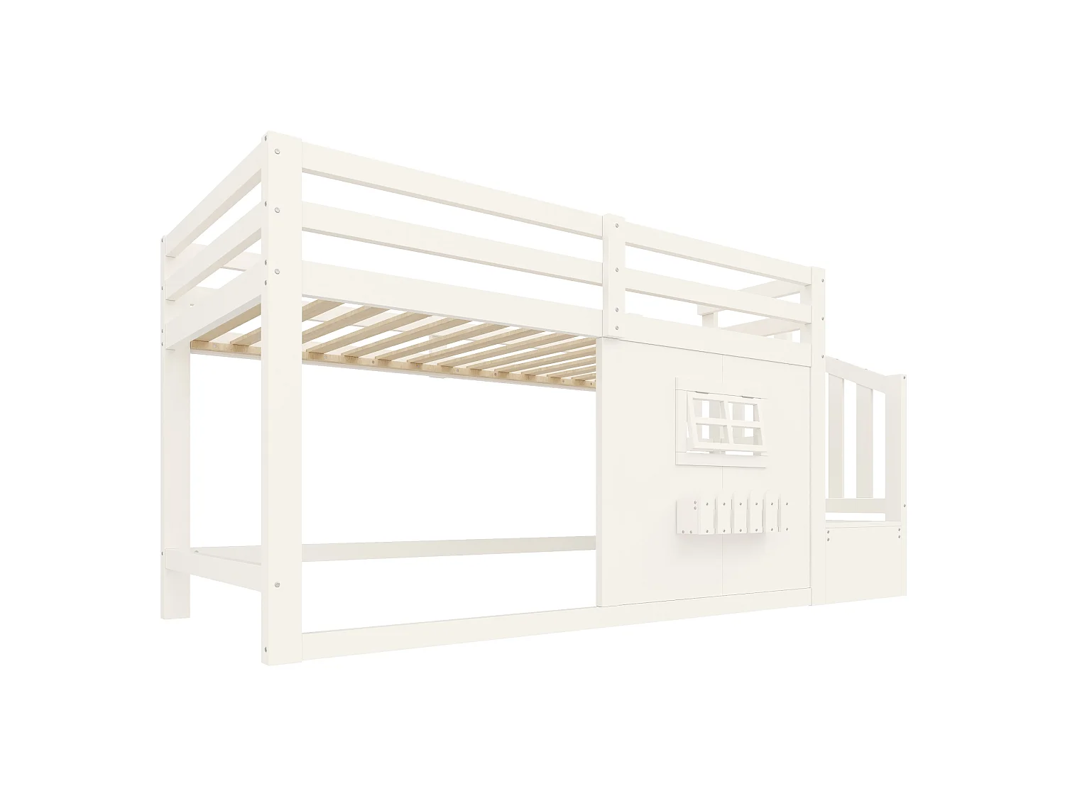 Lit mezzanine 90 x 200 cm - avec fenêtre - avec échelle de rangement - avec bande lumineuse LED - blanc (matelas non inclus)
