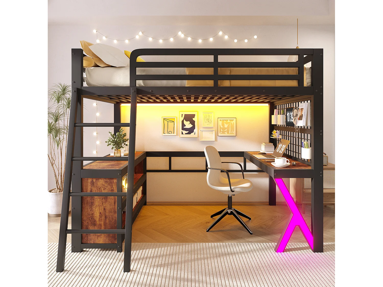 Lit mezzanine 140 x 200 cm - avec table - avec bande lumineuse LED - avec armoire de rangement - blanc (matelas non inclus)