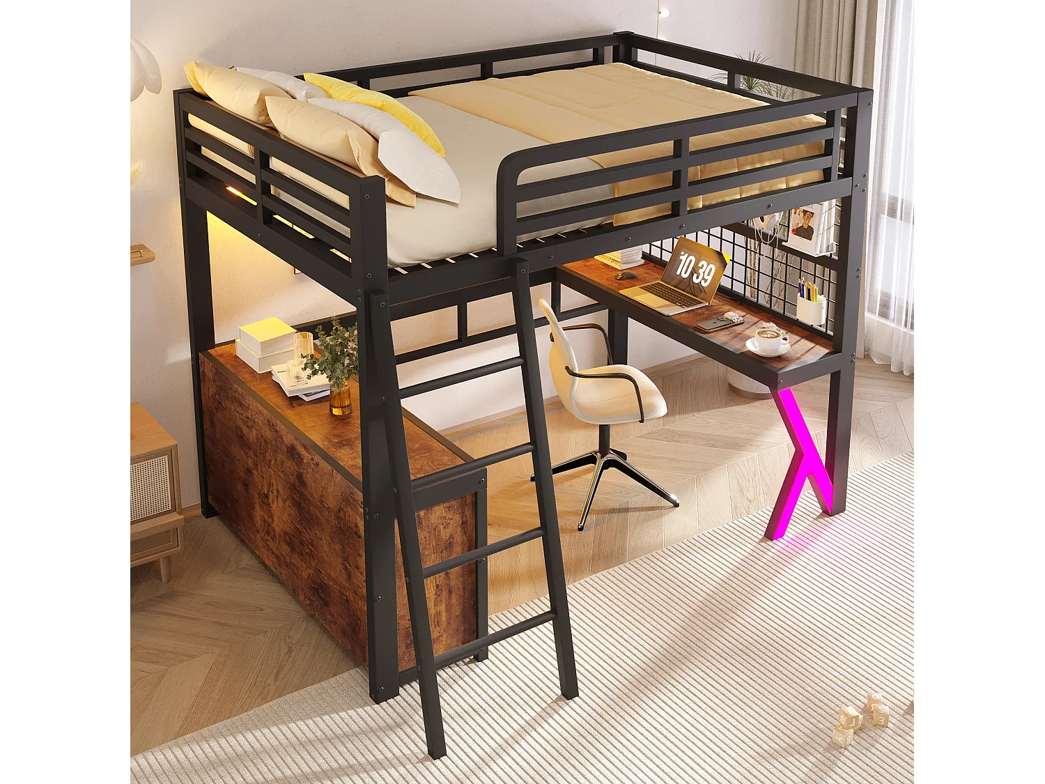 Lit mezzanine 140 x 200 cm - avec table - avec bande lumineuse LED - avec armoire de rangement - blanc (matelas non inclus)