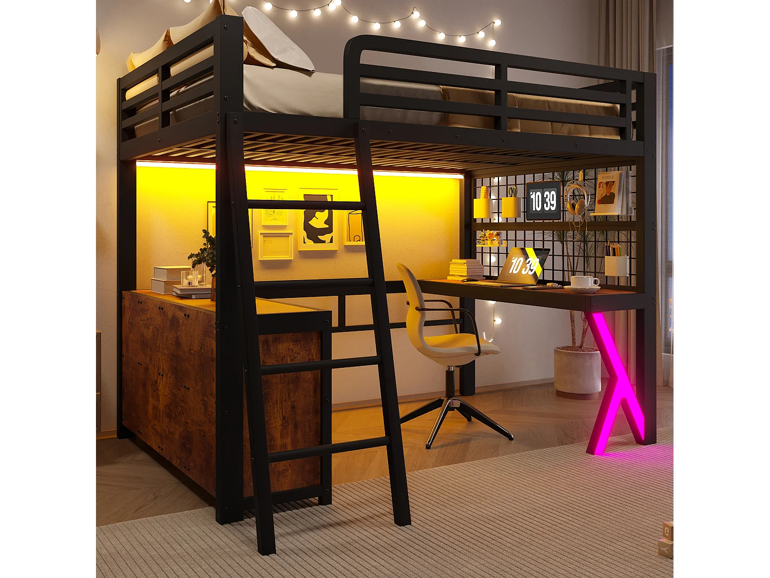 Lit mezzanine 140 x 200 cm - avec table - avec bande lumineuse LED - avec armoire de rangement - blanc (matelas non inclus)