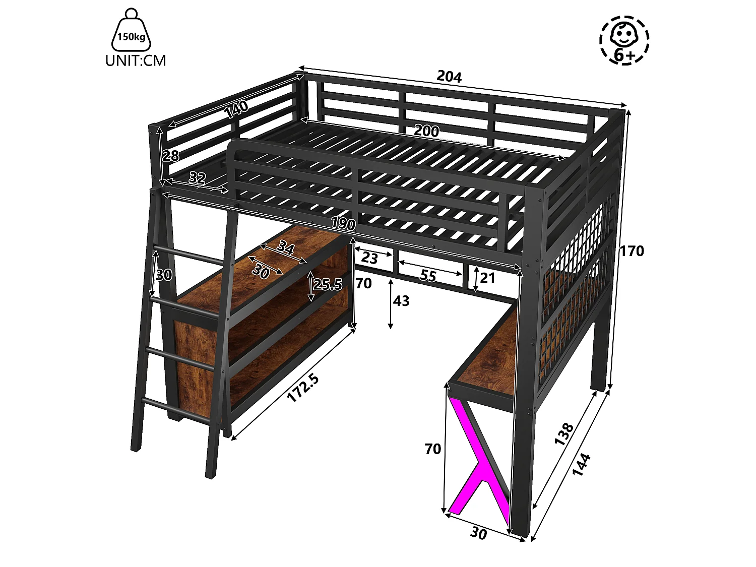 Lit mezzanine 140 x 200 cm - avec table - avec bande lumineuse LED - avec armoire de rangement - blanc (matelas non inclus)