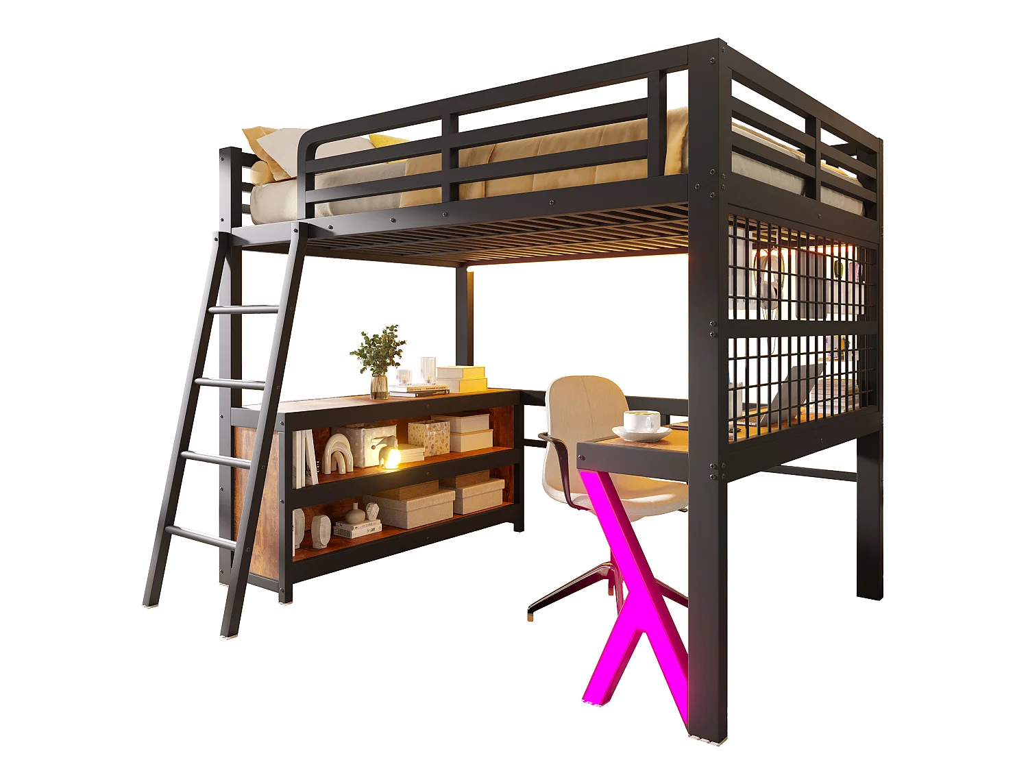 Lit mezzanine 140 x 200 cm - avec table - avec bande lumineuse LED - avec armoire de rangement - blanc (matelas non inclus)