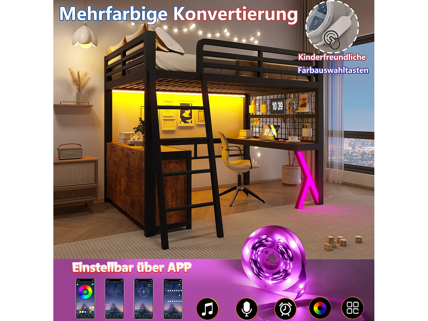 Lit mezzanine 140 x 200 cm - avec table - avec bande lumineuse LED - avec armoire de rangement - blanc (matelas non inclus)