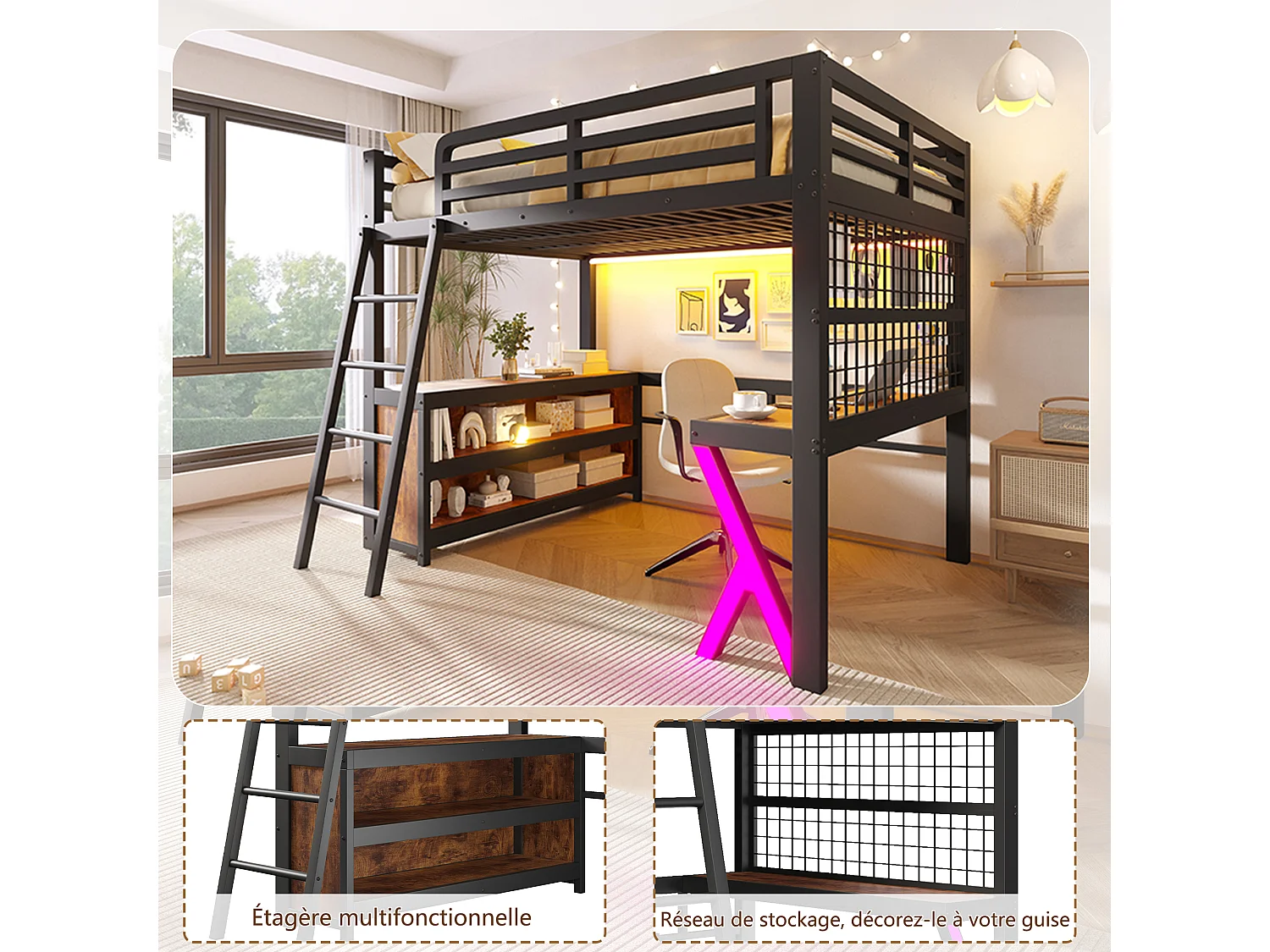 Lit mezzanine 140 x 200 cm - avec table - avec bande lumineuse LED - avec armoire de rangement - blanc (matelas non inclus)