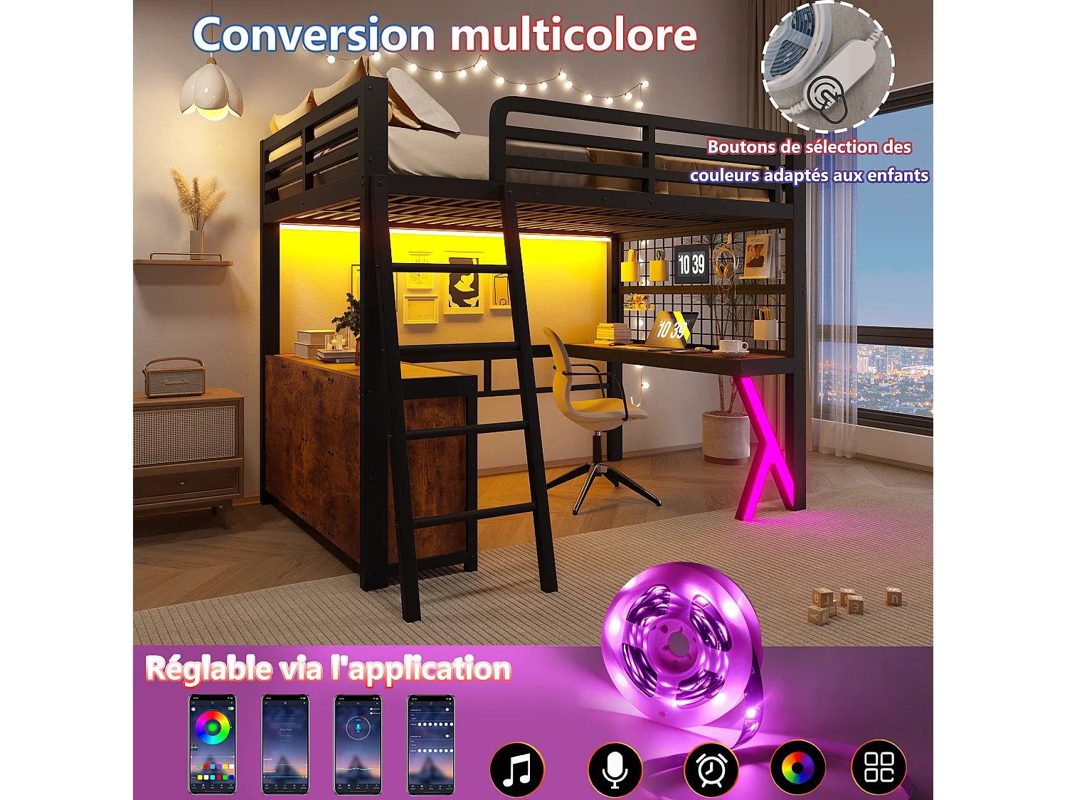 Lit mezzanine 140 x 200 cm - avec table - avec bande lumineuse LED - avec armoire de rangement - blanc (matelas non inclus)