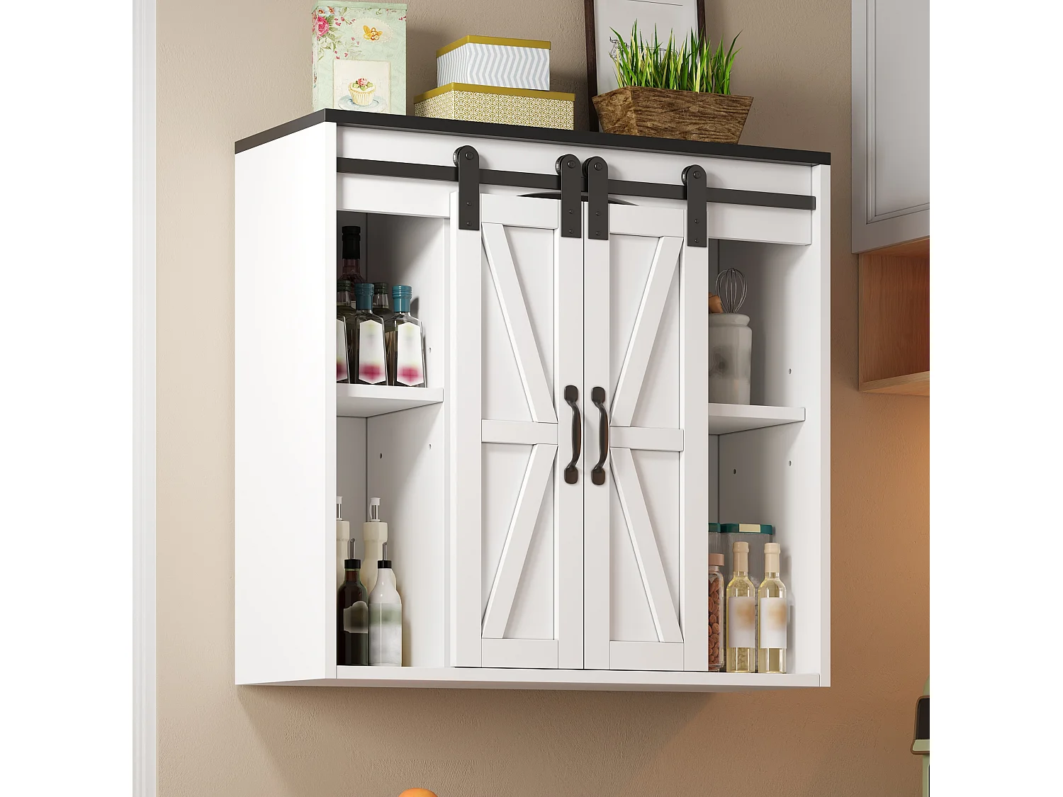 Meuble de cuisine mural 80×31×76 cm - avec 2 portes coulissantes et étagères réglables - blanc