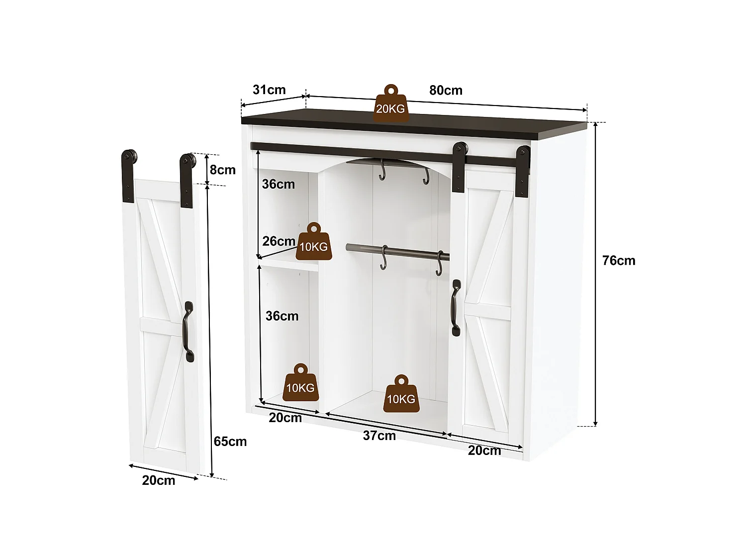 Meuble de cuisine mural 80×31×76 cm - avec 2 portes coulissantes et étagères réglables - blanc