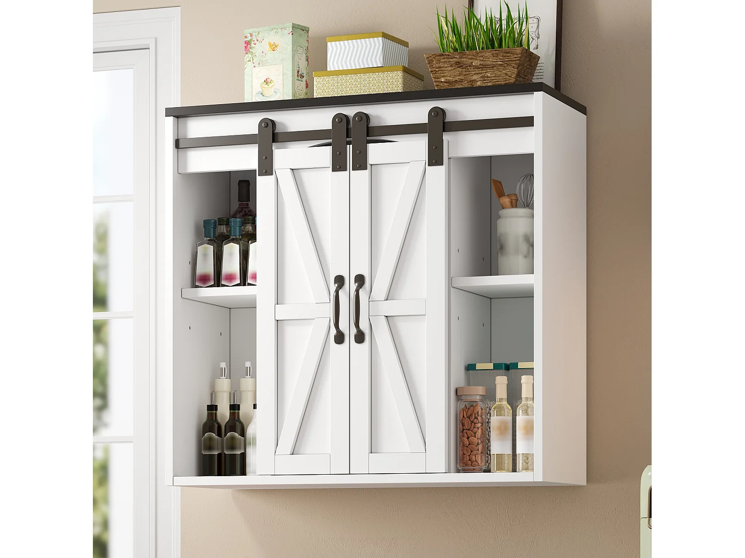 Meuble de cuisine mural 80×31×76 cm - avec 2 portes coulissantes et étagères réglables - blanc