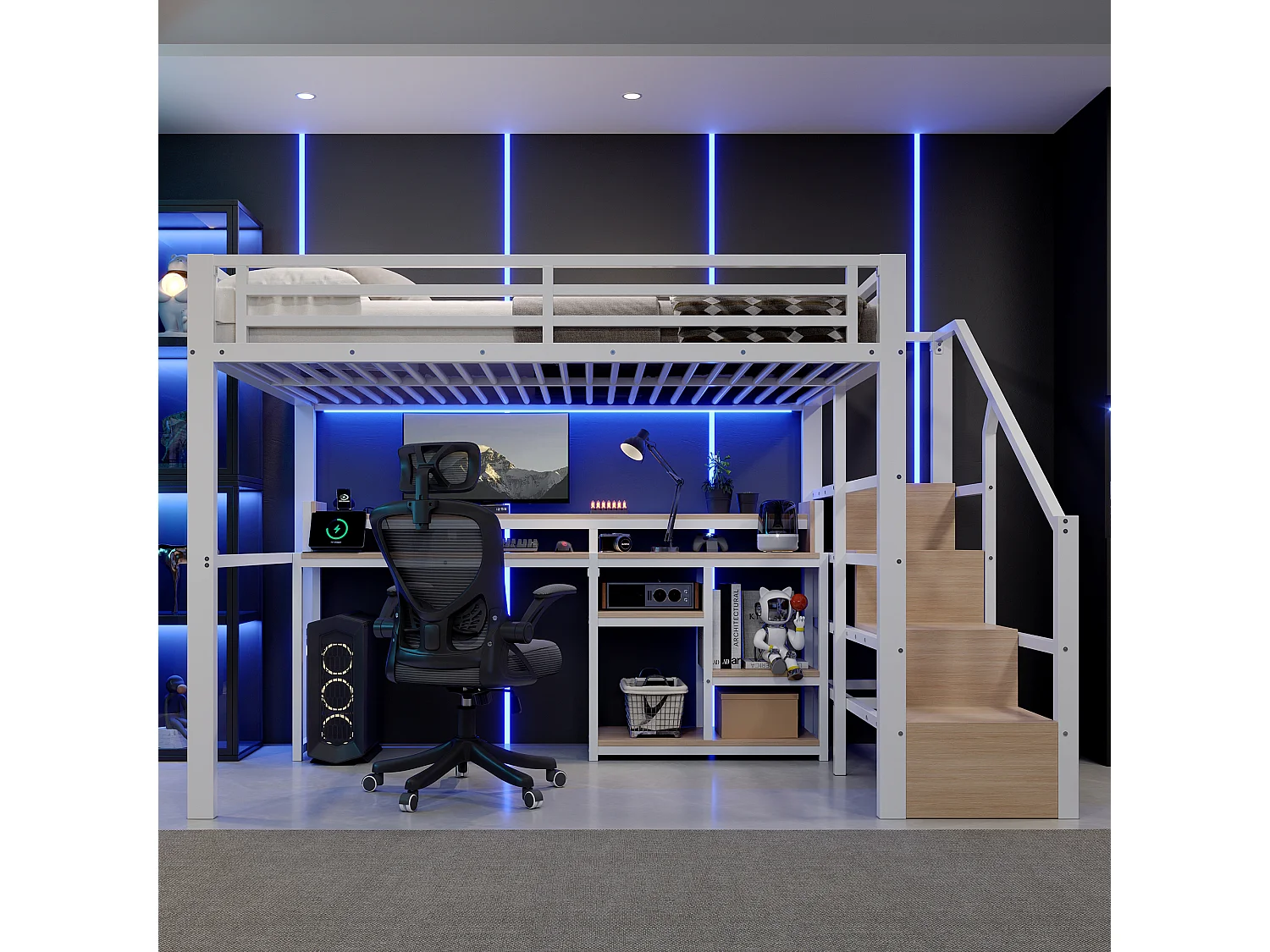 Lit mezzanine 140 x 200 cm  - Avec compartiments de rangement - Avec ports USB + Type-C - Avec bande lumineuse LED - blanc (matelas non inclus)