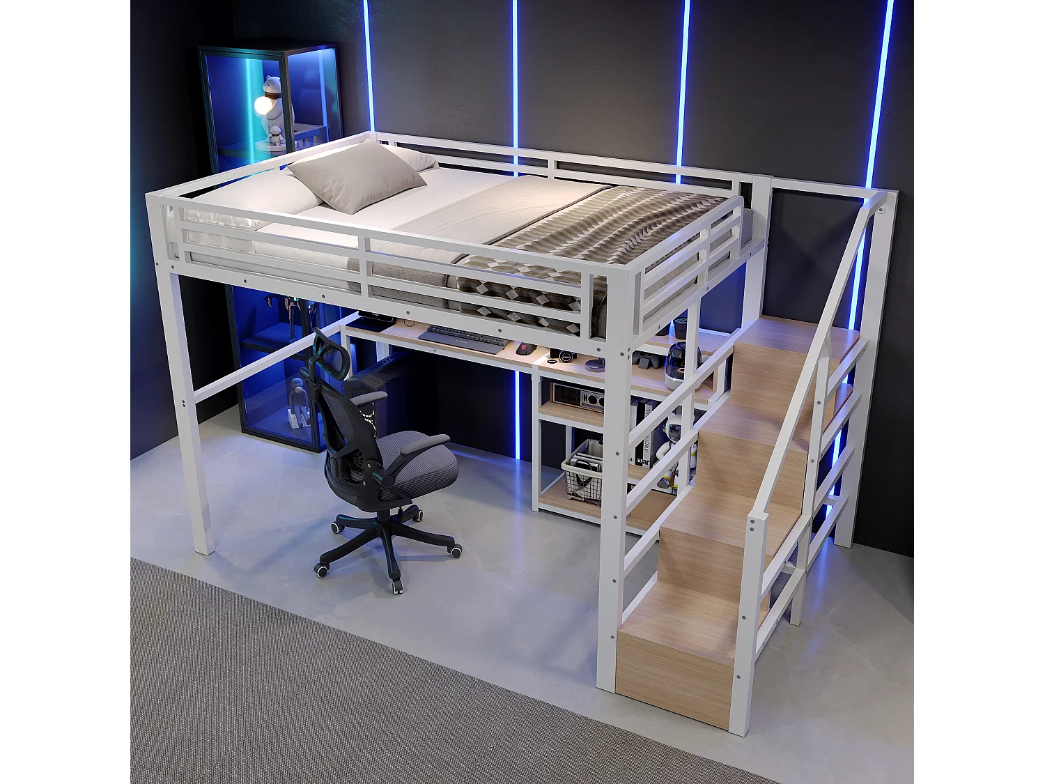 Lit mezzanine 140 x 200 cm  - Avec compartiments de rangement - Avec ports USB + Type-C - Avec bande lumineuse LED - blanc (matelas non inclus)