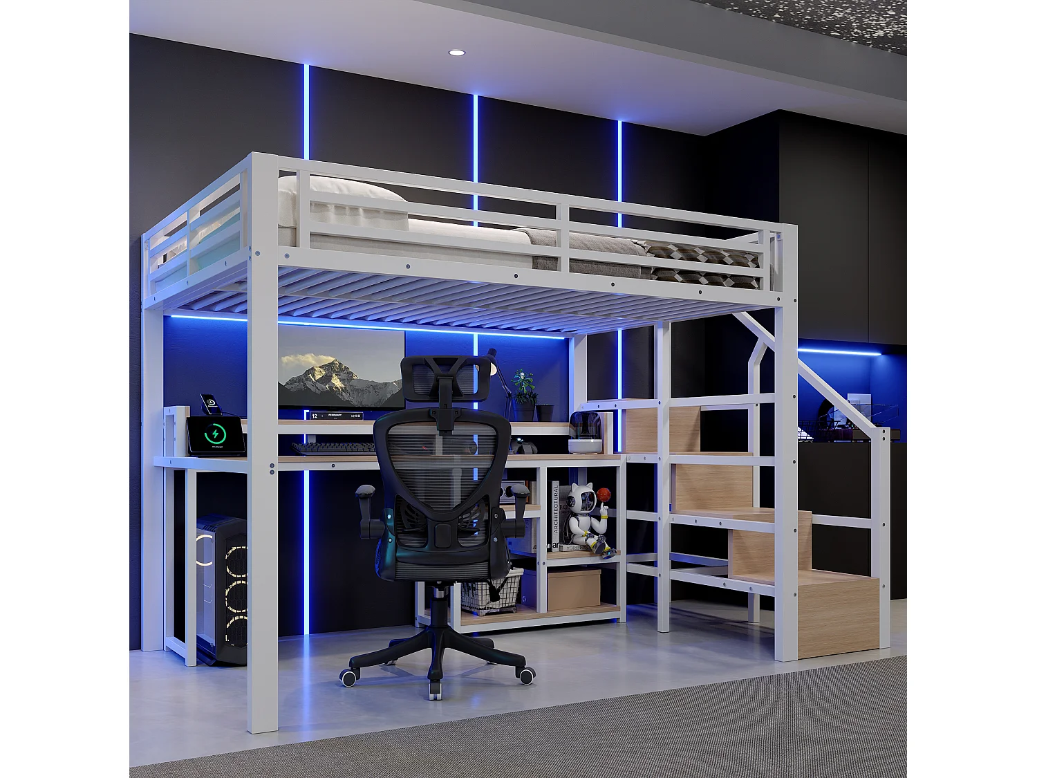 Lit mezzanine 140 x 200 cm  - Avec compartiments de rangement - Avec ports USB + Type-C - Avec bande lumineuse LED - blanc (matelas non inclus)