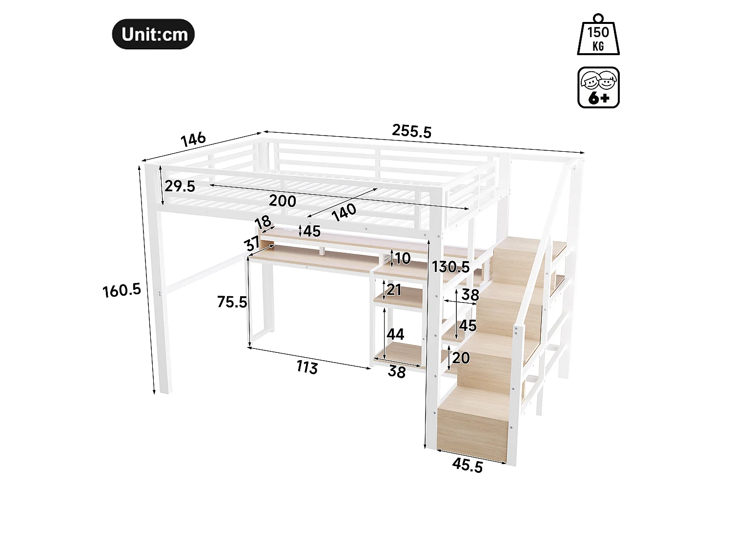 Lit mezzanine 140 x 200 cm  - Avec compartiments de rangement - Avec ports USB + Type-C - Avec bande lumineuse LED - blanc (matelas non inclus)