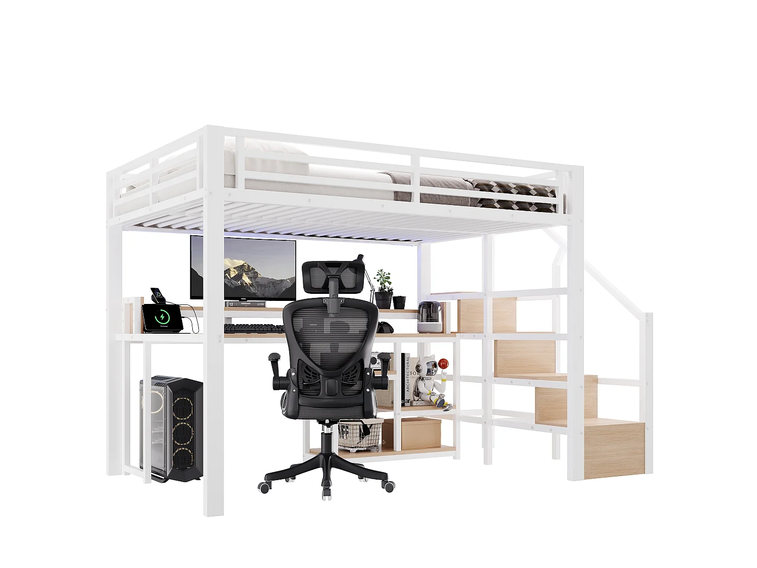 Lit mezzanine 140 x 200 cm  - Avec compartiments de rangement - Avec ports USB + Type-C - Avec bande lumineuse LED - blanc (matelas non inclus)