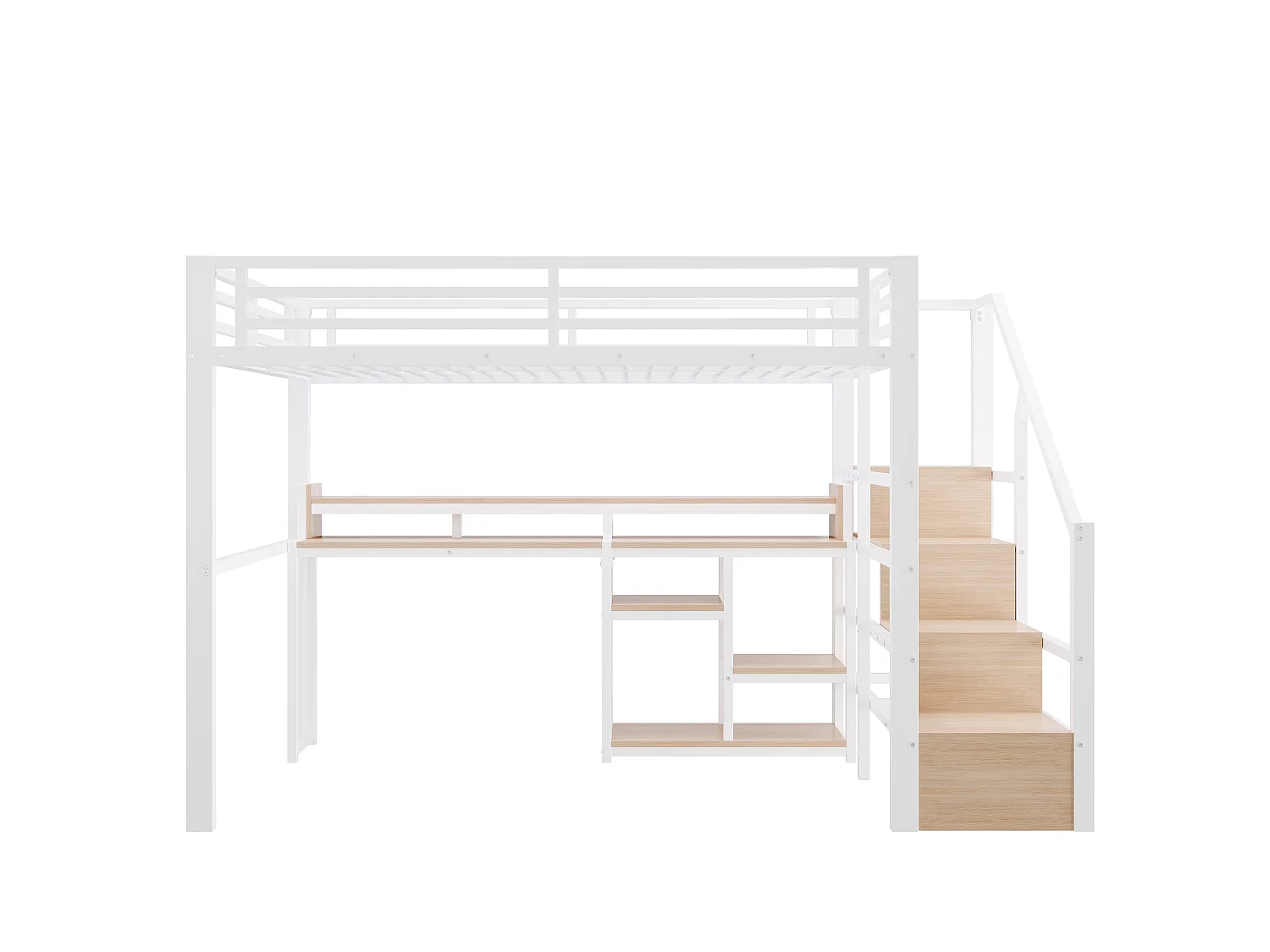 Lit mezzanine 140 x 200 cm  - Avec compartiments de rangement - Avec ports USB + Type-C - Avec bande lumineuse LED - blanc (matelas non inclus)