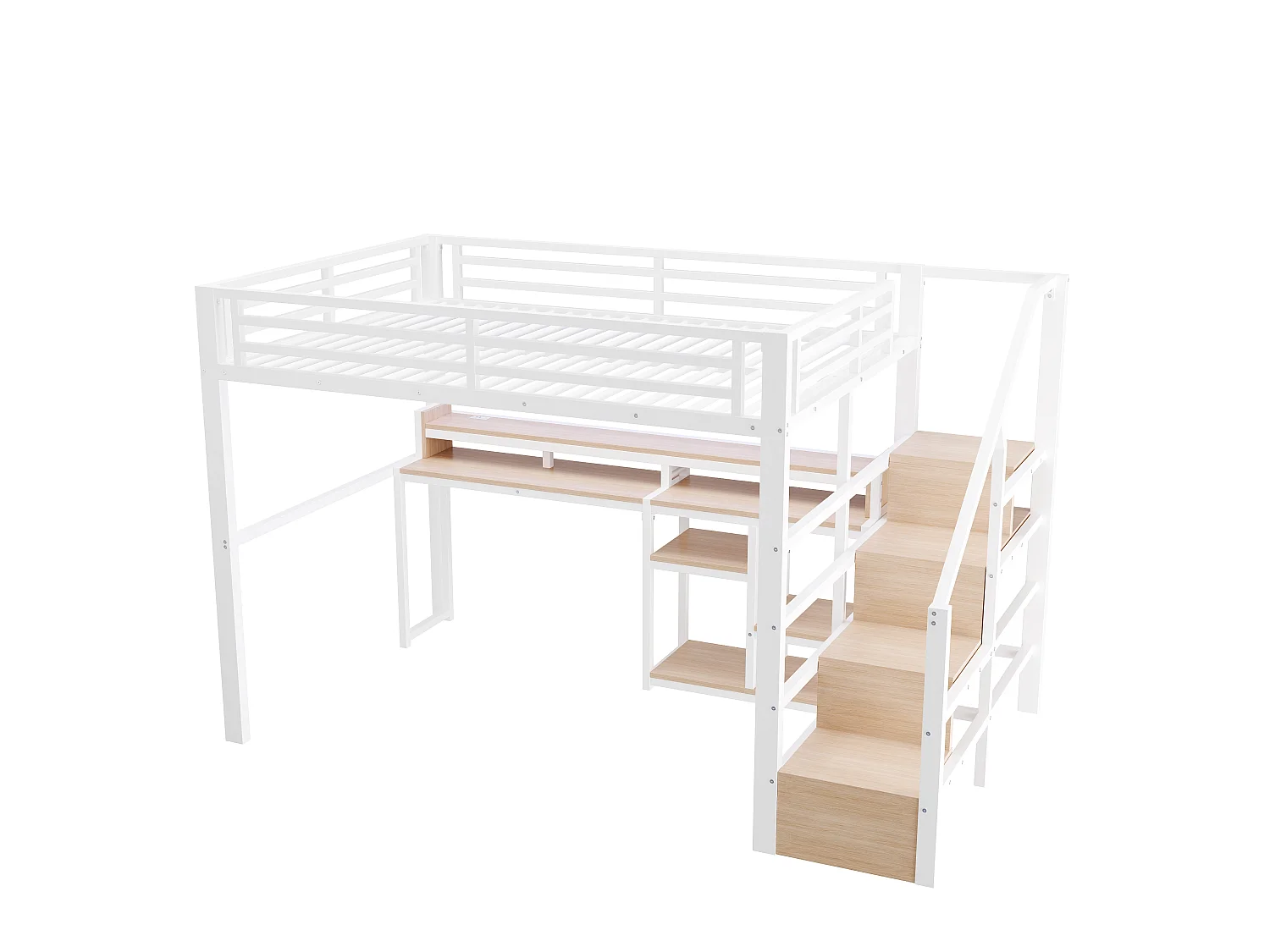 Lit mezzanine 140 x 200 cm  - Avec compartiments de rangement - Avec ports USB + Type-C - Avec bande lumineuse LED - blanc (matelas non inclus)