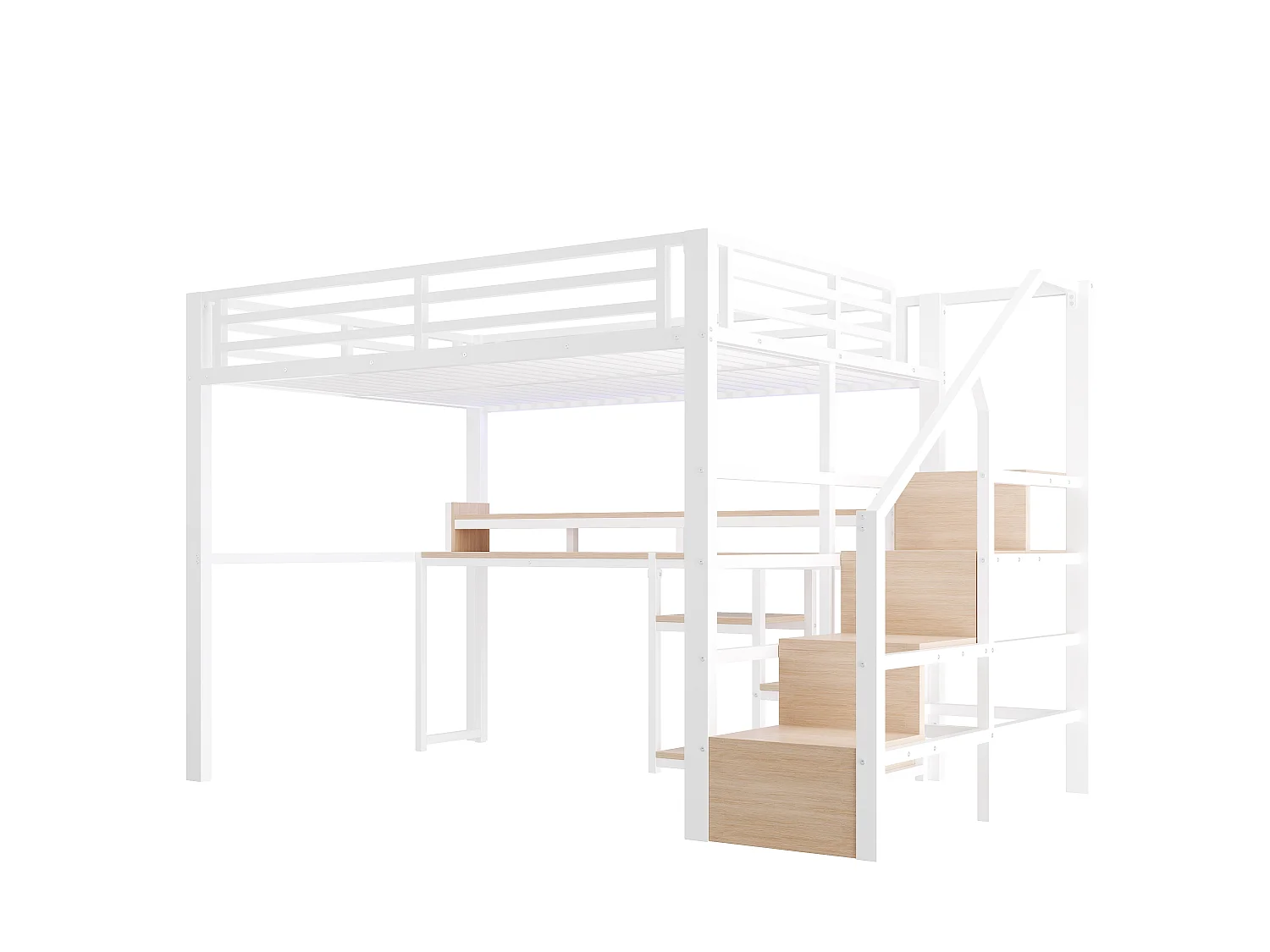 Lit mezzanine 140 x 200 cm  - Avec compartiments de rangement - Avec ports USB + Type-C - Avec bande lumineuse LED - blanc (matelas non inclus)