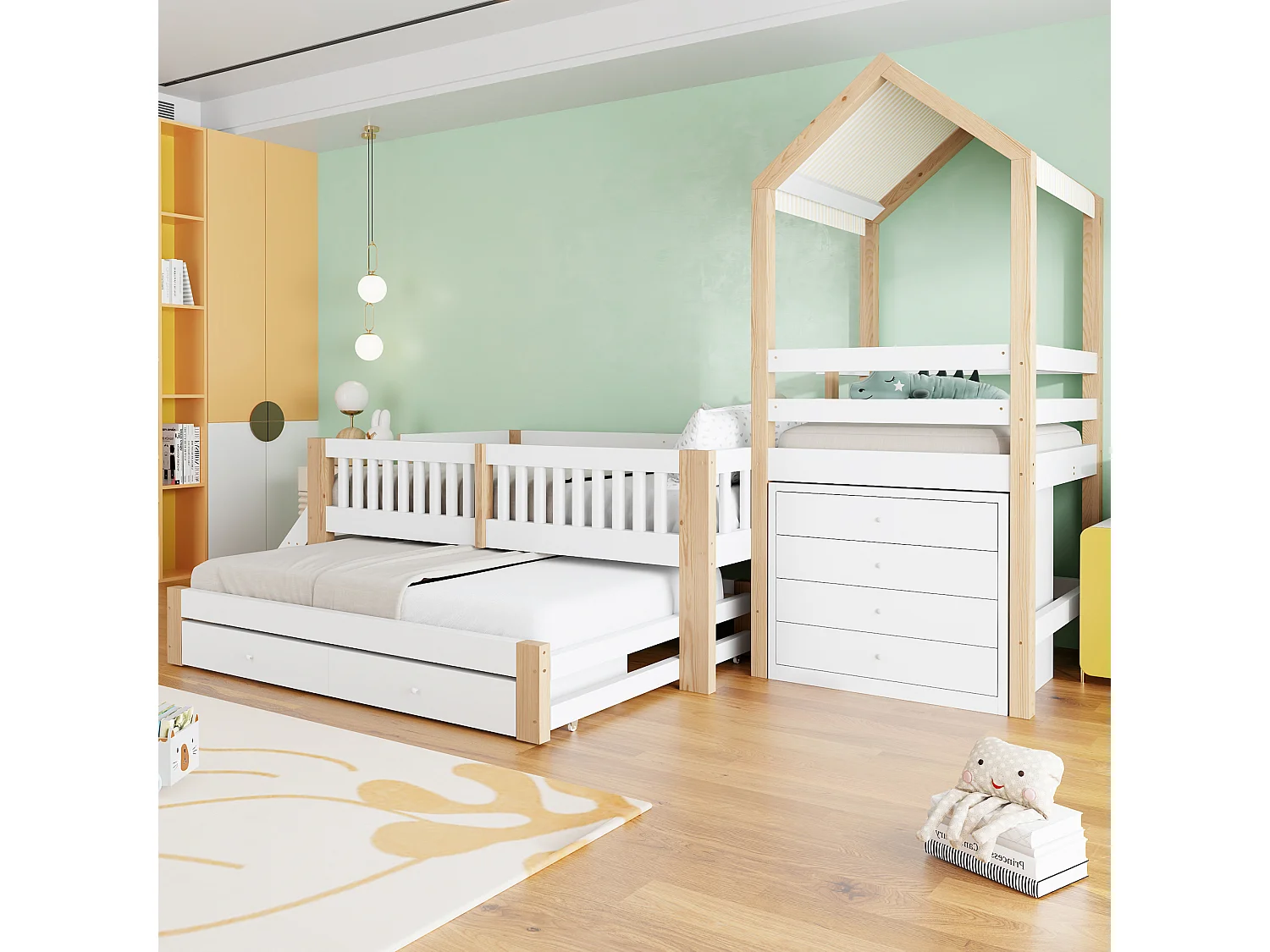 Lit enfant 90x200 - avec lit gigogne 90x190 - commode 4 tiroirs sur le côté droit - avec échelle latérale - blanc + naturel(matelas non inclus)