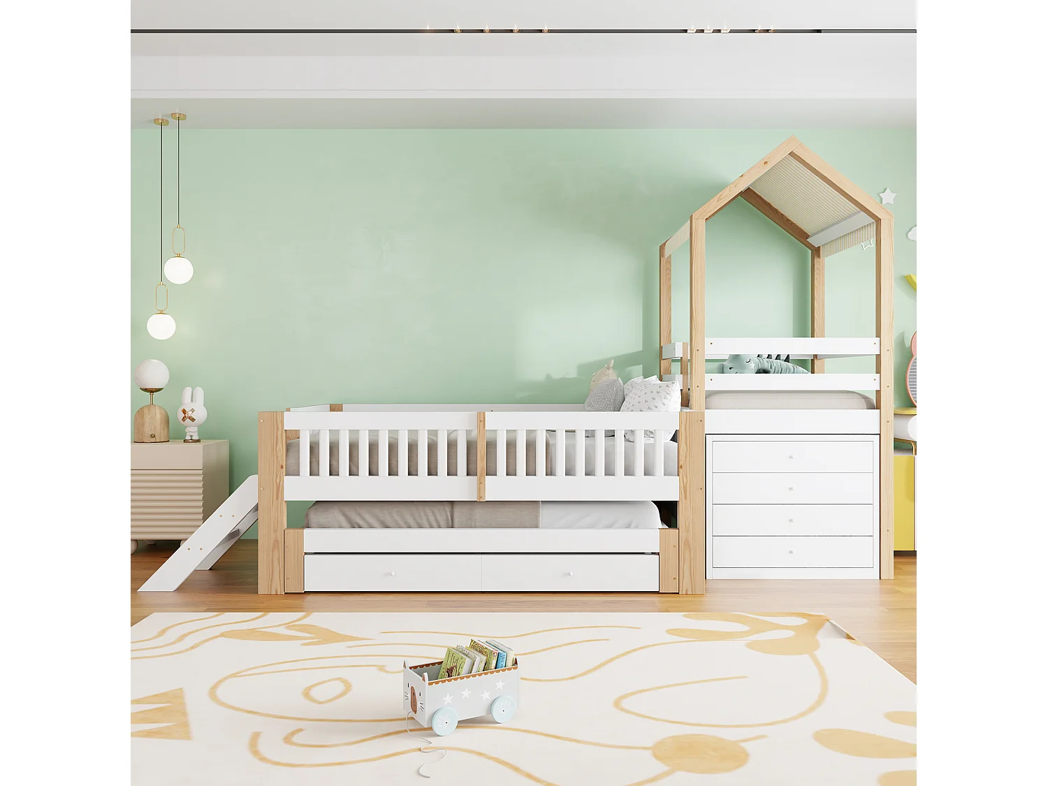 Lit enfant 90x200 - avec lit gigogne 90x190 - commode 4 tiroirs sur le côté droit - avec échelle latérale - blanc + naturel(matelas non inclus)