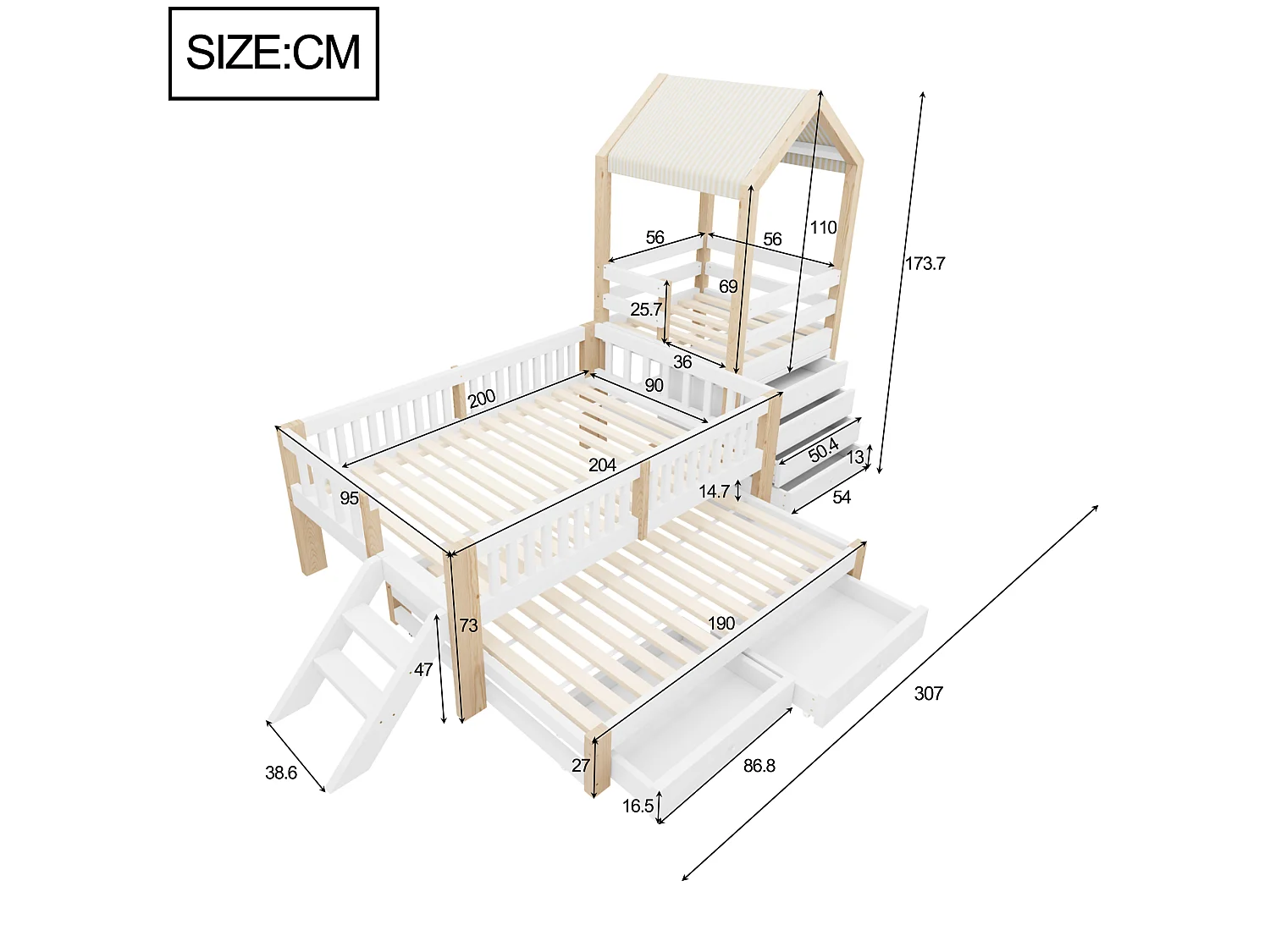 Lit enfant 90x200 - avec lit gigogne 90x190 - commode 4 tiroirs sur le côté droit - avec échelle latérale - blanc + naturel(matelas non inclus)