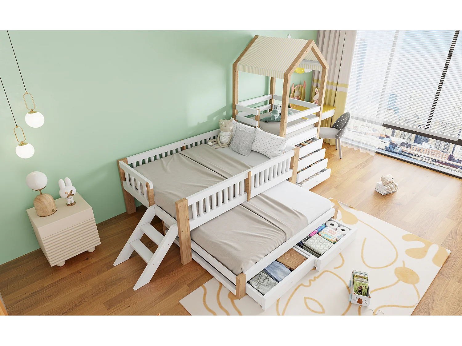Lit enfant 90x200 - avec lit gigogne 90x190 - commode 4 tiroirs sur le côté droit - avec échelle latérale - blanc + naturel(matelas non inclus)