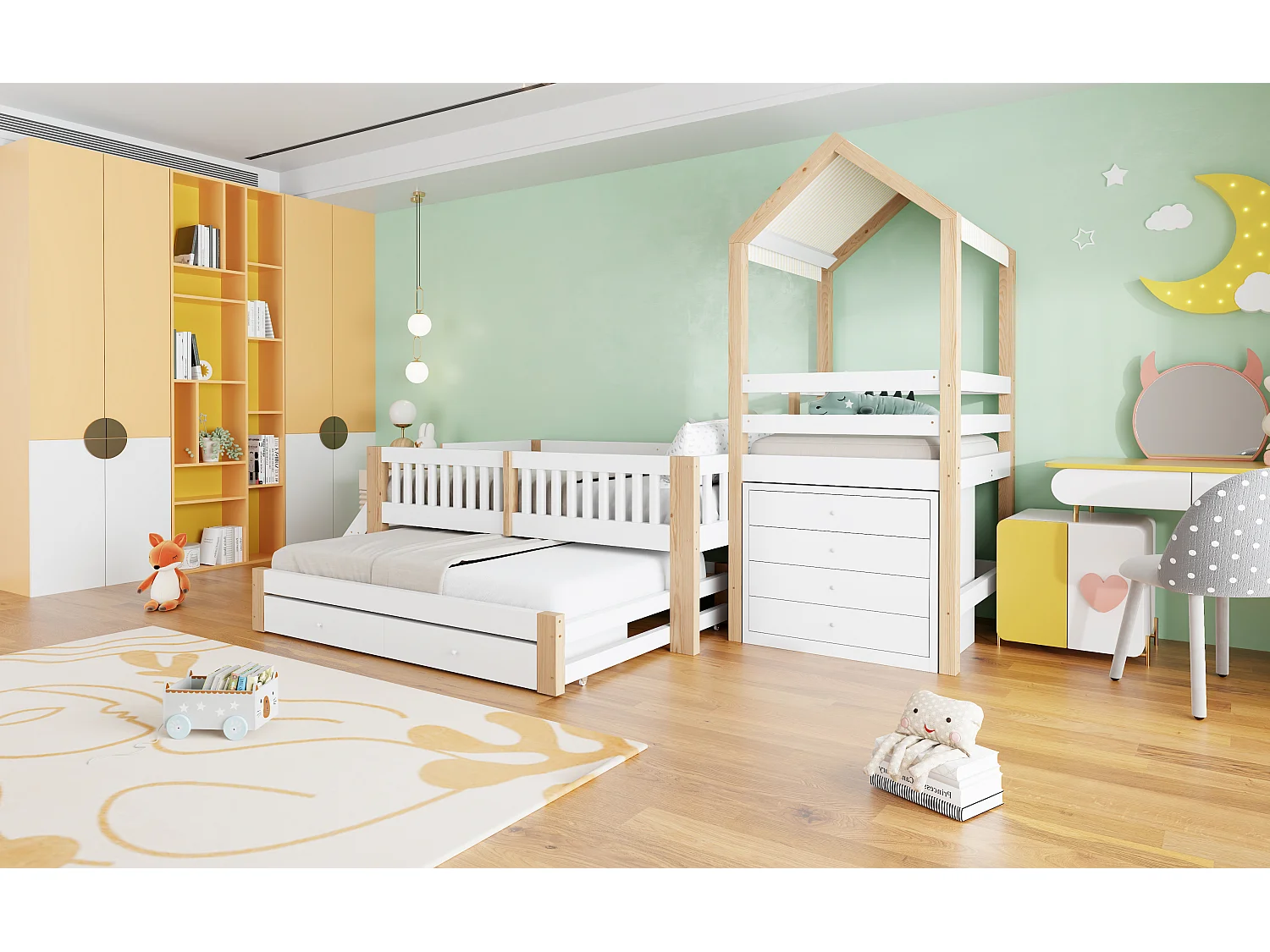 Lit enfant 90x200 - avec lit gigogne 90x190 - commode 4 tiroirs sur le côté droit - avec échelle latérale - blanc + naturel(matelas non inclus)