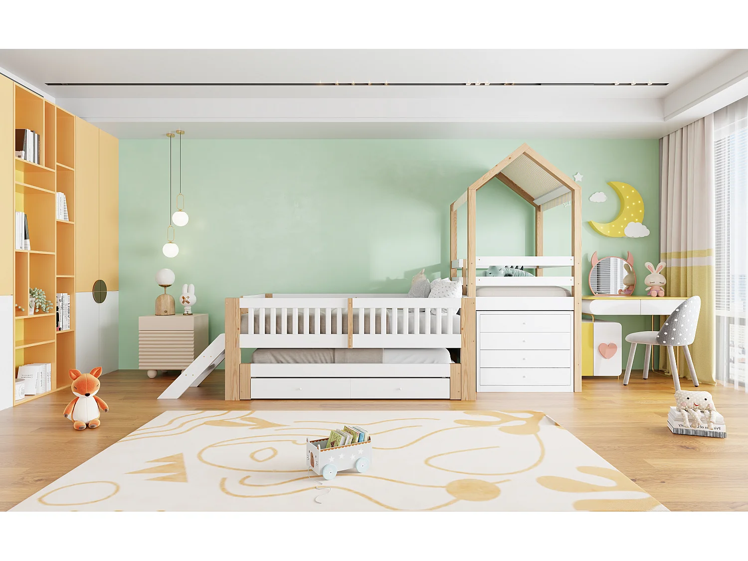 Lit enfant 90x200 - avec lit gigogne 90x190 - commode 4 tiroirs sur le côté droit - avec échelle latérale - blanc + naturel(matelas non inclus)