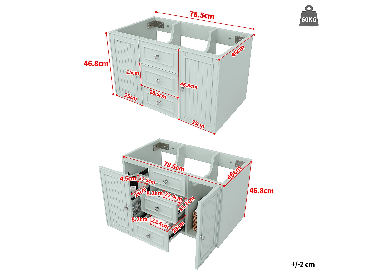 Meuble de salle de bain avec 2 portes et 3 tiroirs, meuble sous-vasque suspendu - 78.5 x 46 x 46.8 cm - MDF - Vert (sans lavabo)