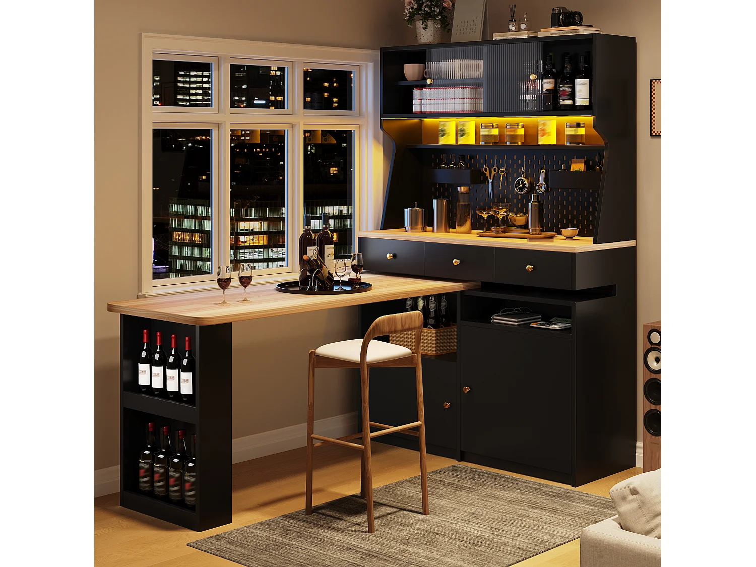 Armoire haute avec bureau, LED, 2 portes coulissantes, 2 portes battantes, 3 tiroirs et panneau perforé - MDF - 137 x 74 x 177,7 cm - Noir