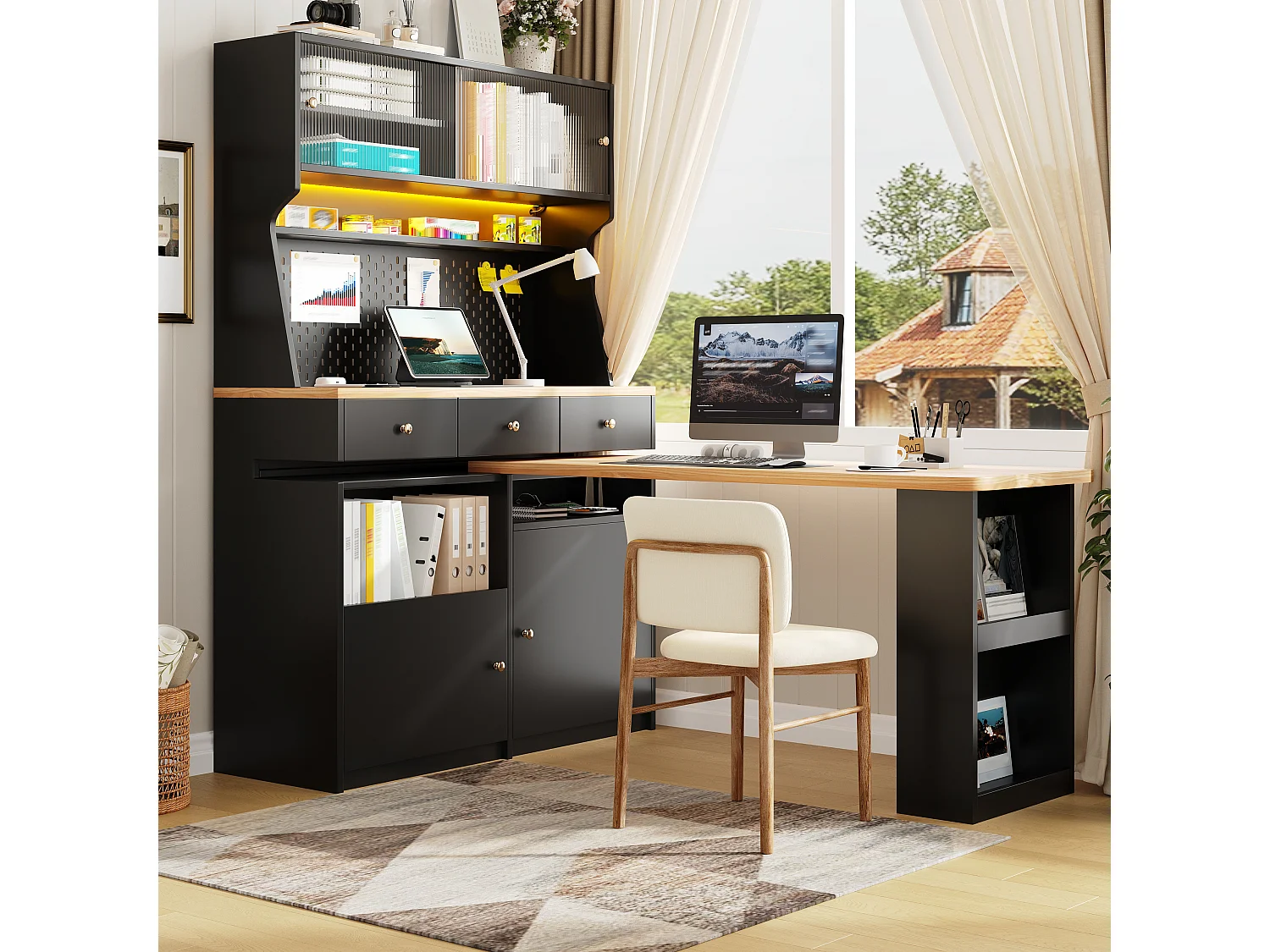 Armoire haute avec bureau, LED, 2 portes coulissantes, 2 portes battantes, 3 tiroirs et panneau perforé - MDF - 137 x 74 x 177,7 cm - Noir