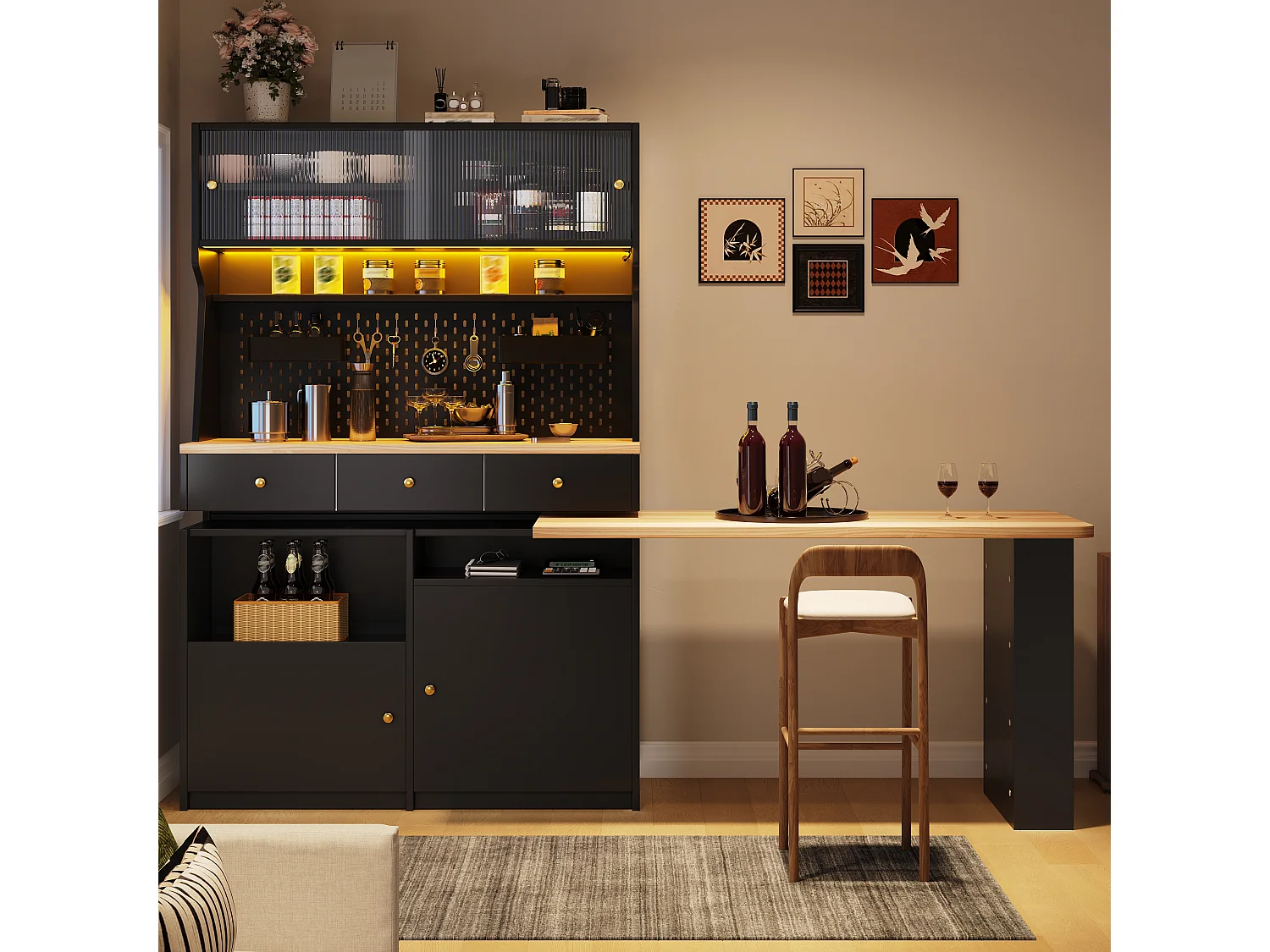 Armoire haute avec bureau, LED, 2 portes coulissantes, 2 portes battantes, 3 tiroirs et panneau perforé - MDF - 137 x 74 x 177,7 cm - Noir