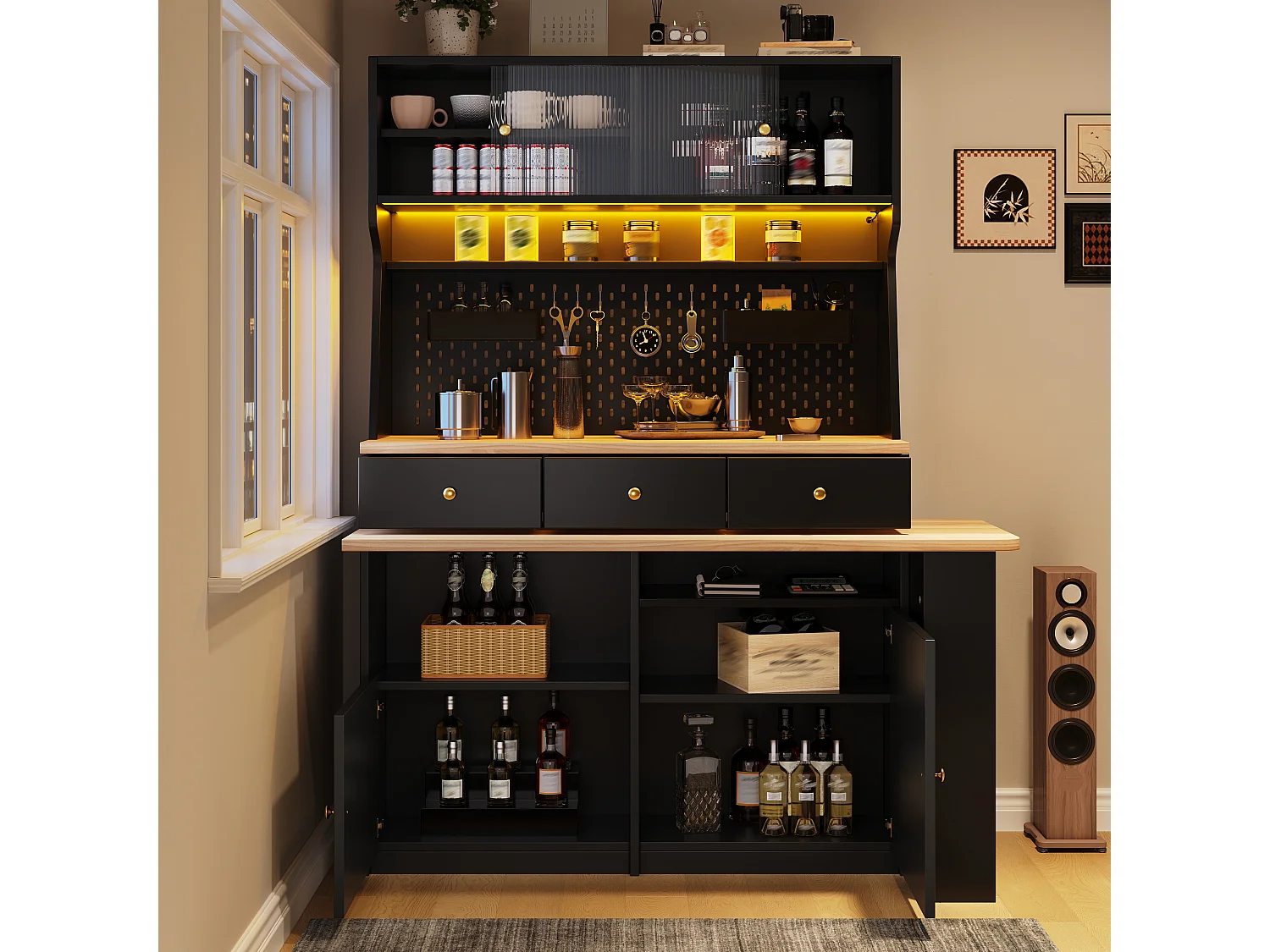 Armoire haute avec bureau, LED, 2 portes coulissantes, 2 portes battantes, 3 tiroirs et panneau perforé - MDF - 137 x 74 x 177,7 cm - Noir