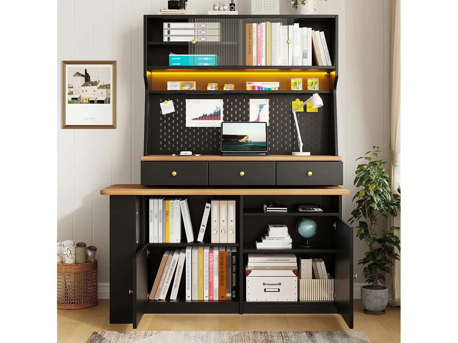 Armoire haute avec bureau, LED, 2 portes coulissantes, 2 portes battantes, 3 tiroirs et panneau perforé - MDF - 137 x 74 x 177,7 cm - Noir