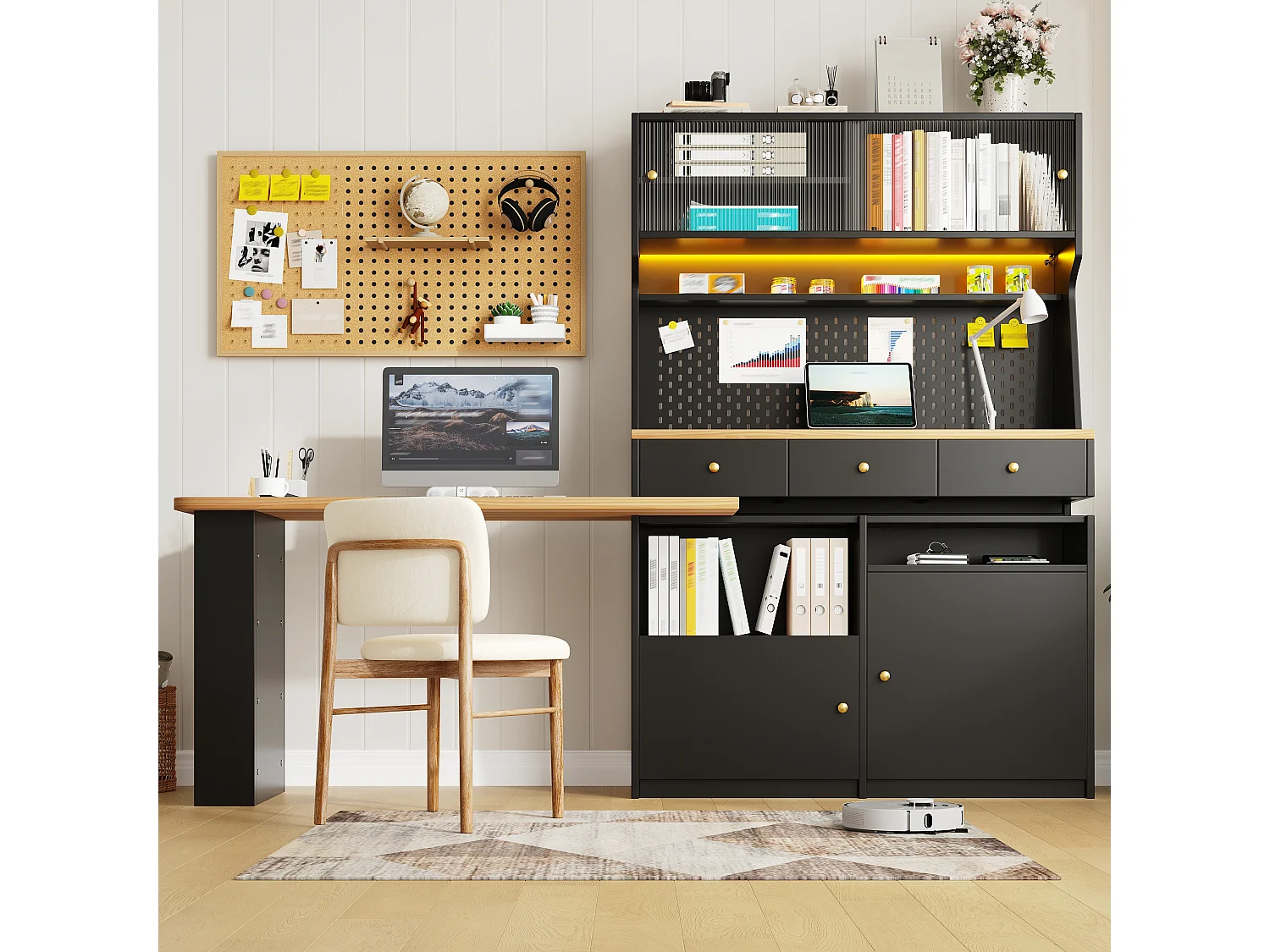 Armoire haute avec bureau, LED, 2 portes coulissantes, 2 portes battantes, 3 tiroirs et panneau perforé - MDF - 137 x 74 x 177,7 cm - Noir