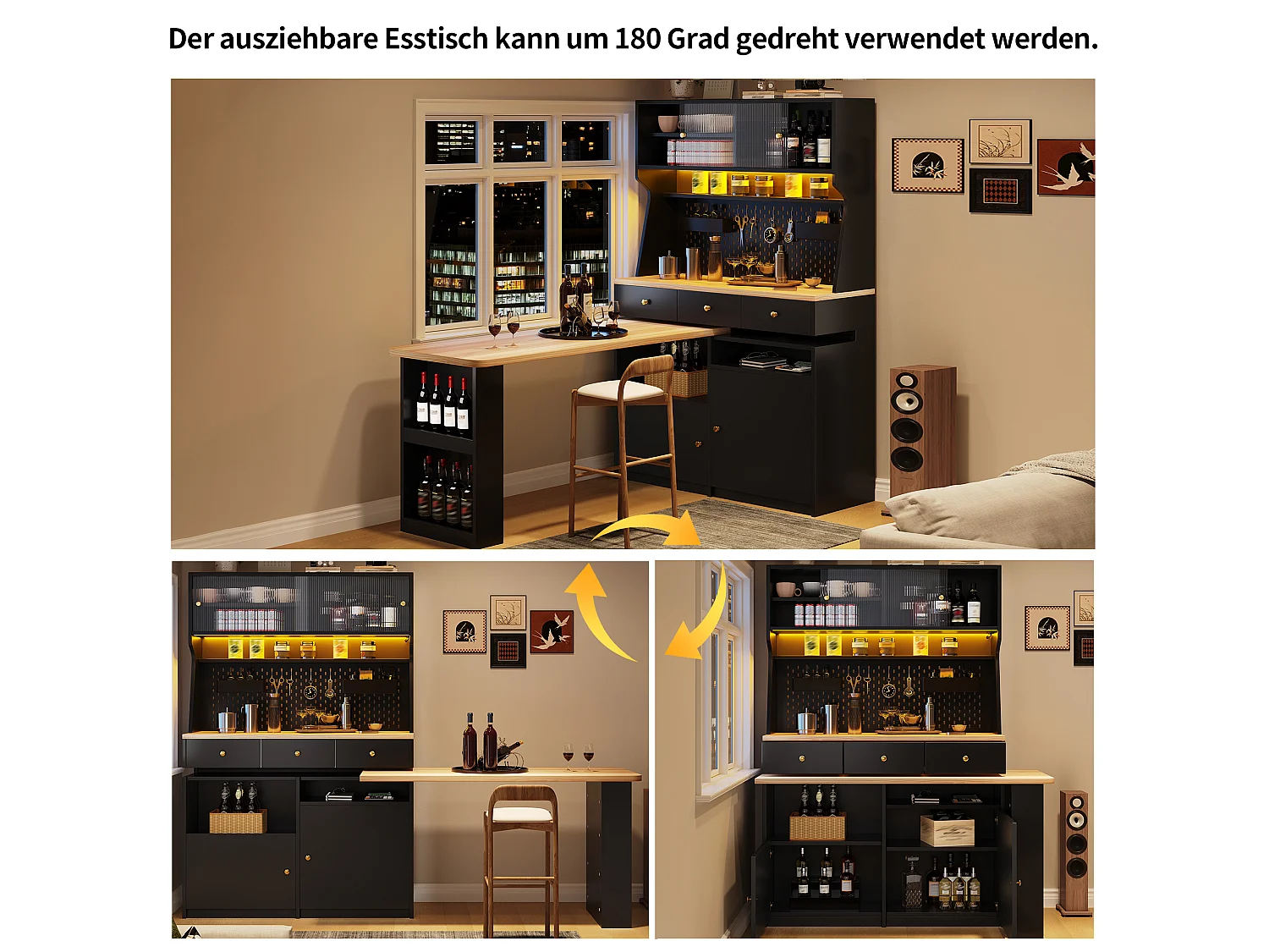 Armoire haute avec bureau, LED, 2 portes coulissantes, 2 portes battantes, 3 tiroirs et panneau perforé - MDF - 137 x 74 x 177,7 cm - Noir