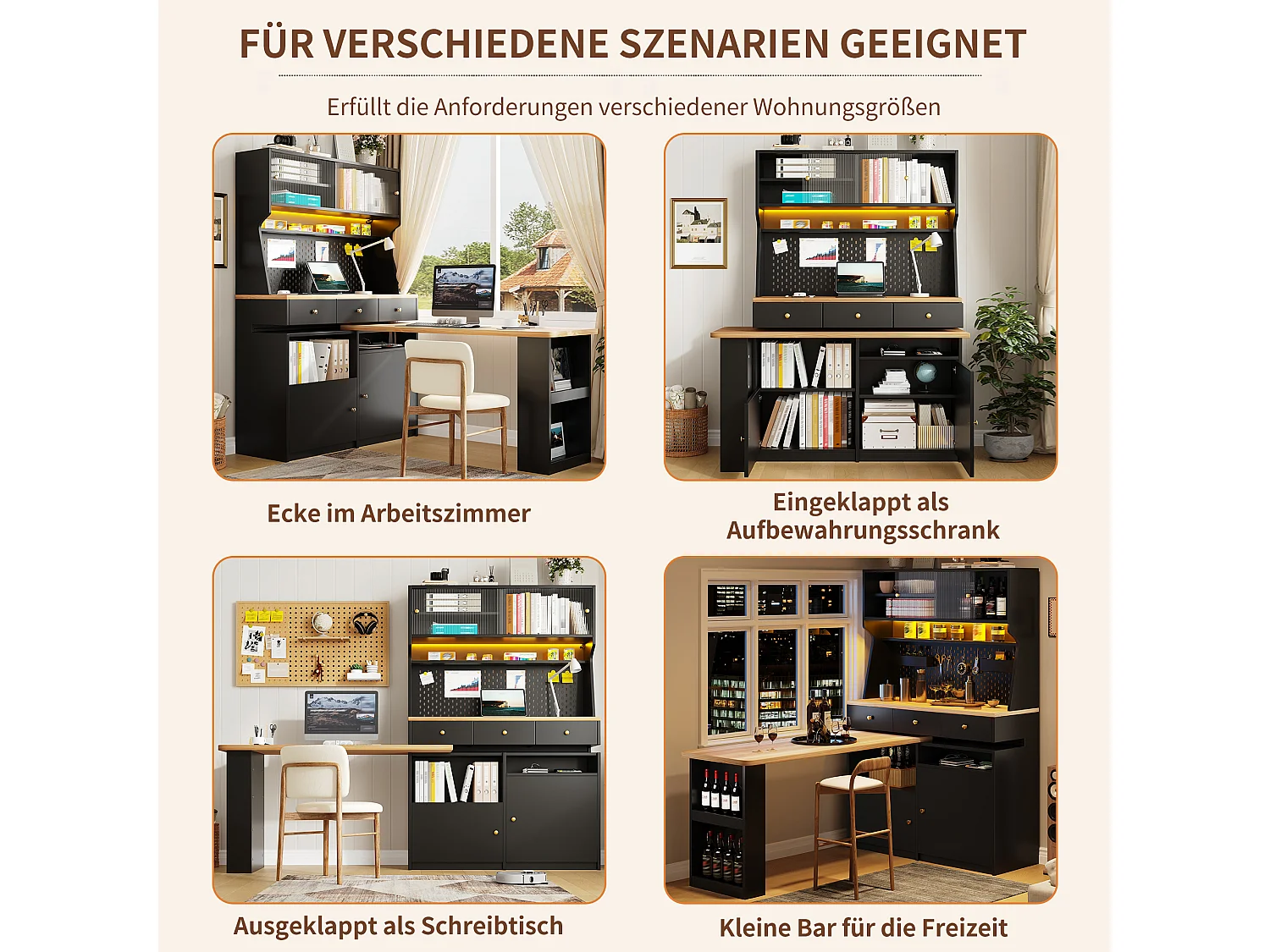 Armoire haute avec bureau, LED, 2 portes coulissantes, 2 portes battantes, 3 tiroirs et panneau perforé - MDF - 137 x 74 x 177,7 cm - Noir