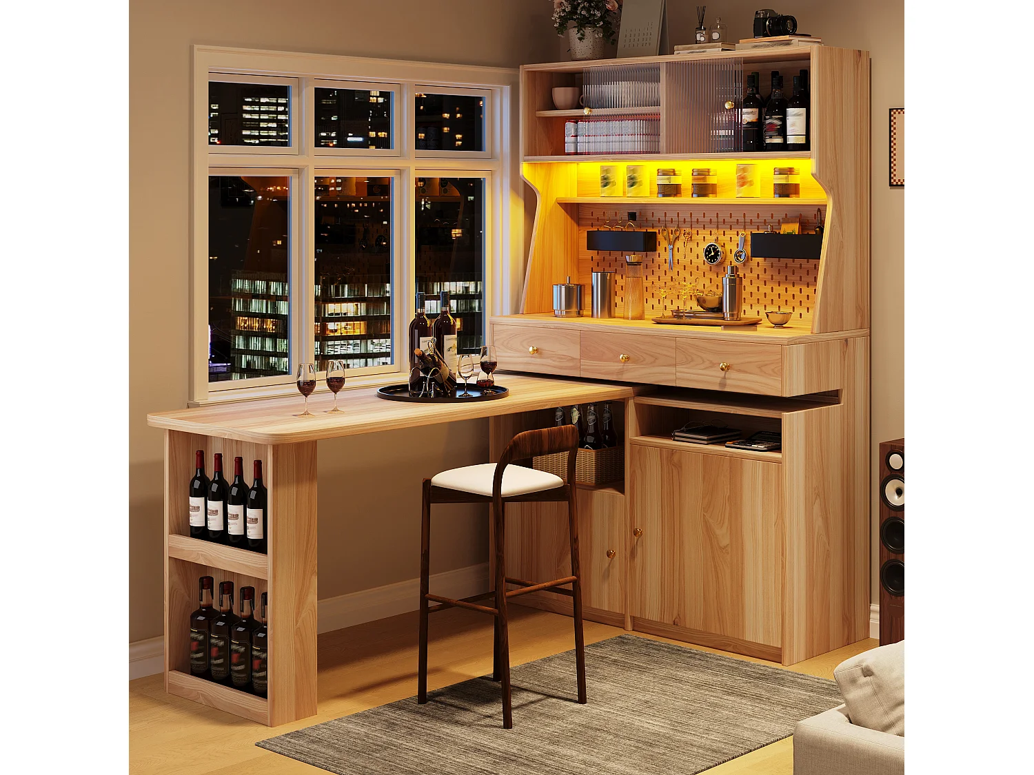 Mobile alto con scrivania, illuminazione a LED, 2 ante scorrevoli, 2 ante a battente, 3 cassetti e pannello forato - MDF - 137 x 74 x 177,7 cm - Naturale