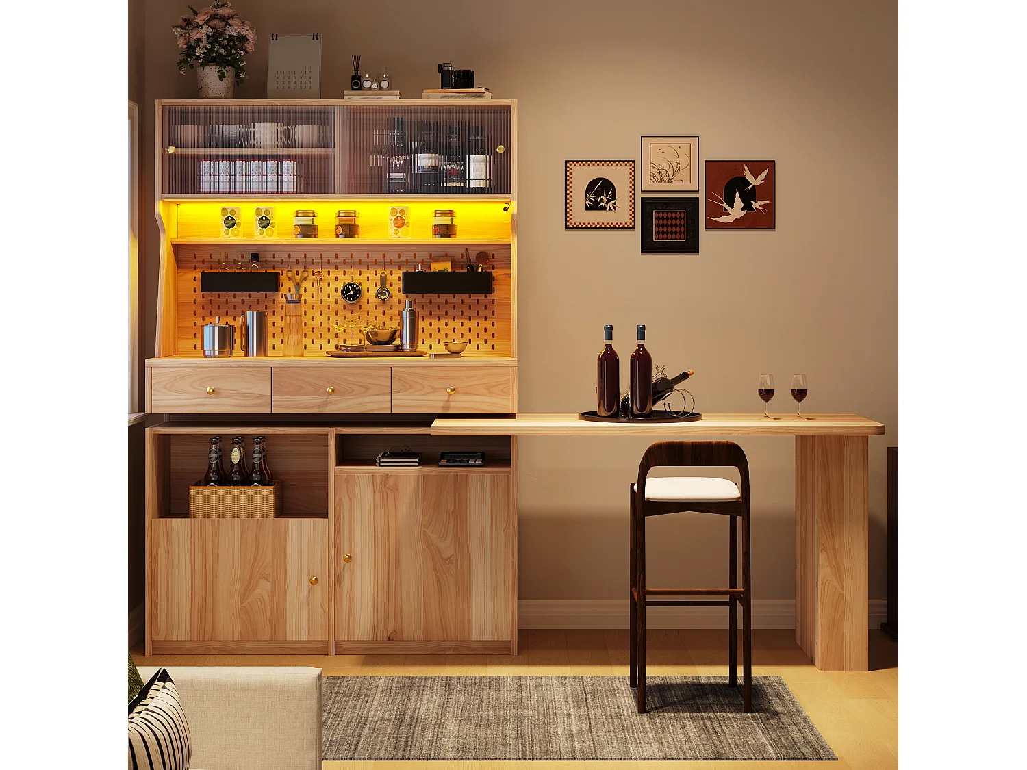Mobile alto con scrivania, illuminazione a LED, 2 ante scorrevoli, 2 ante a battente, 3 cassetti e pannello forato - MDF - 137 x 74 x 177,7 cm - Naturale