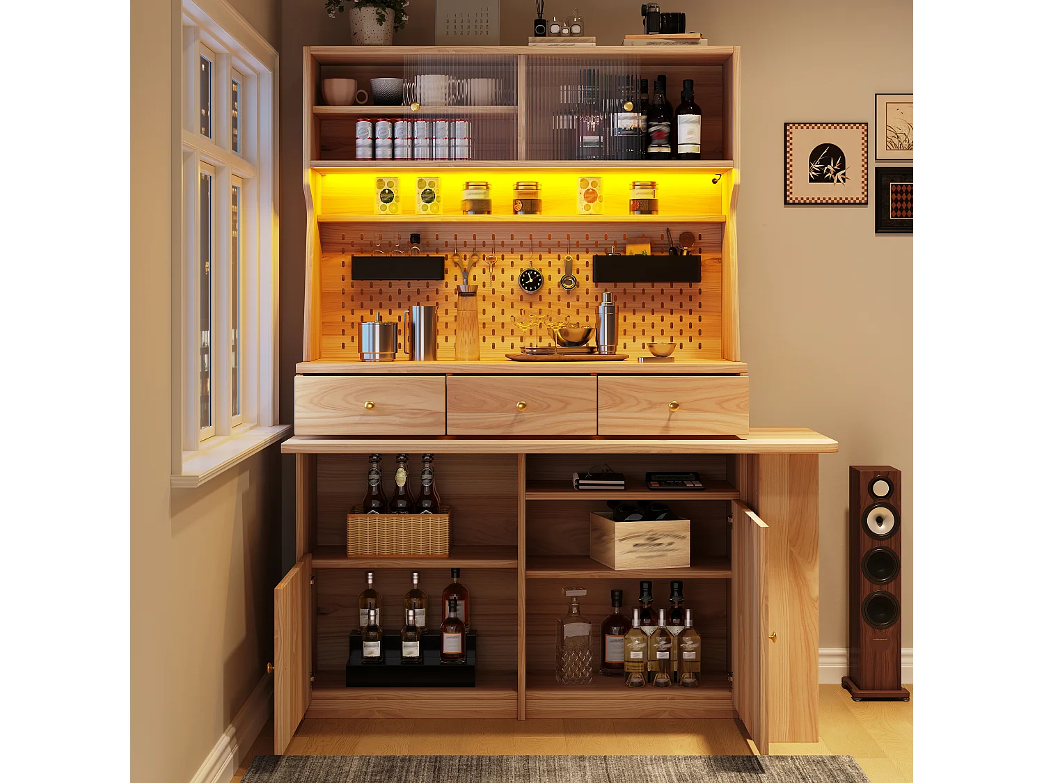 Mobile alto con scrivania, illuminazione a LED, 2 ante scorrevoli, 2 ante a battente, 3 cassetti e pannello forato - MDF - 137 x 74 x 177,7 cm - Naturale