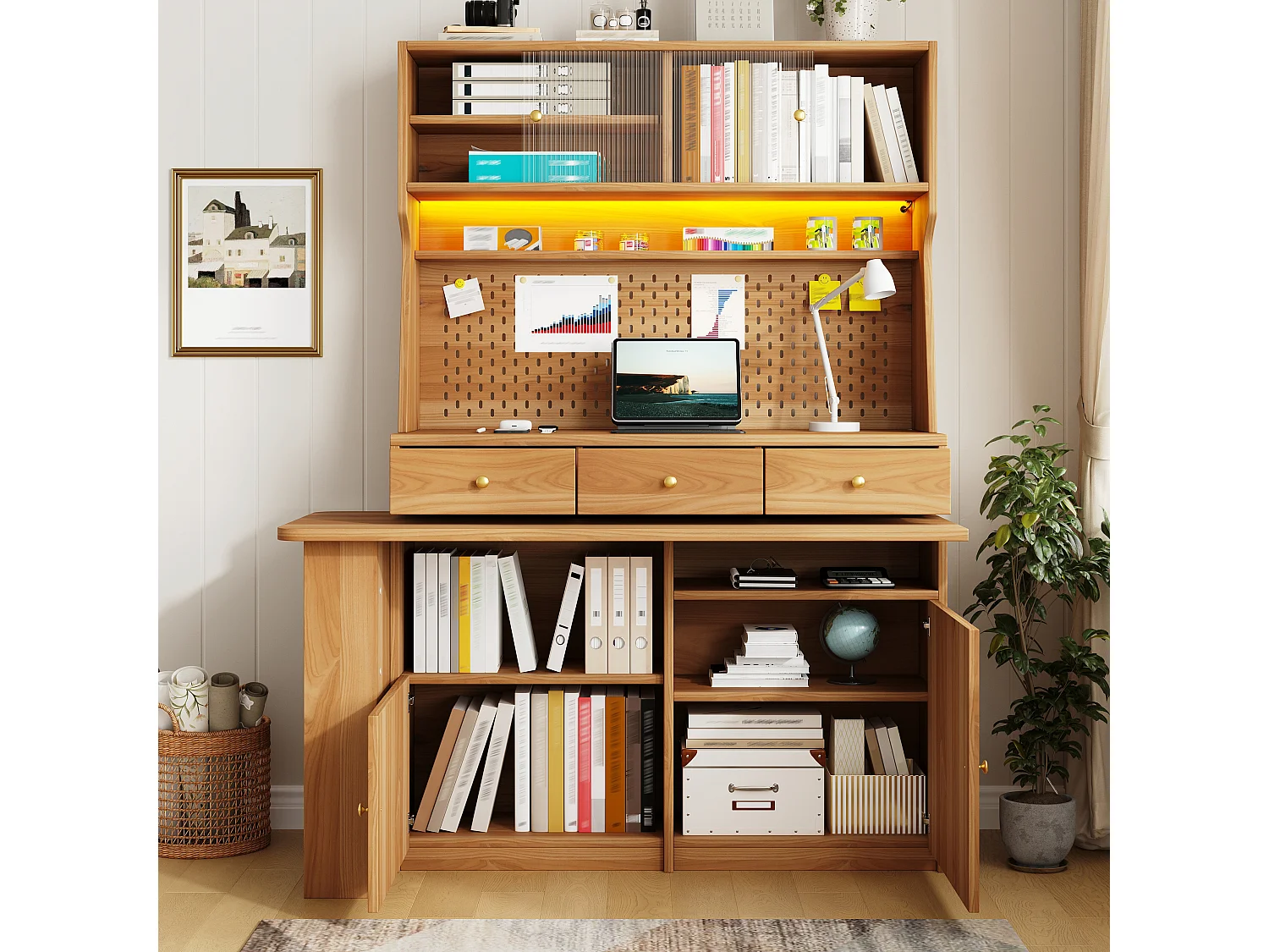 Mobile alto con scrivania, illuminazione a LED, 2 ante scorrevoli, 2 ante a battente, 3 cassetti e pannello forato - MDF - 137 x 74 x 177,7 cm - Naturale