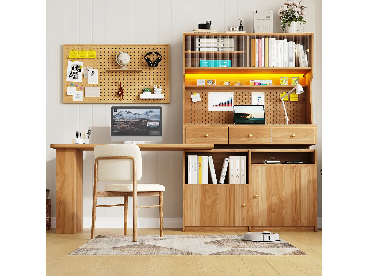 Mobile alto con scrivania, illuminazione a LED, 2 ante scorrevoli, 2 ante a battente, 3 cassetti e pannello forato - MDF - 137 x 74 x 177,7 cm - Naturale