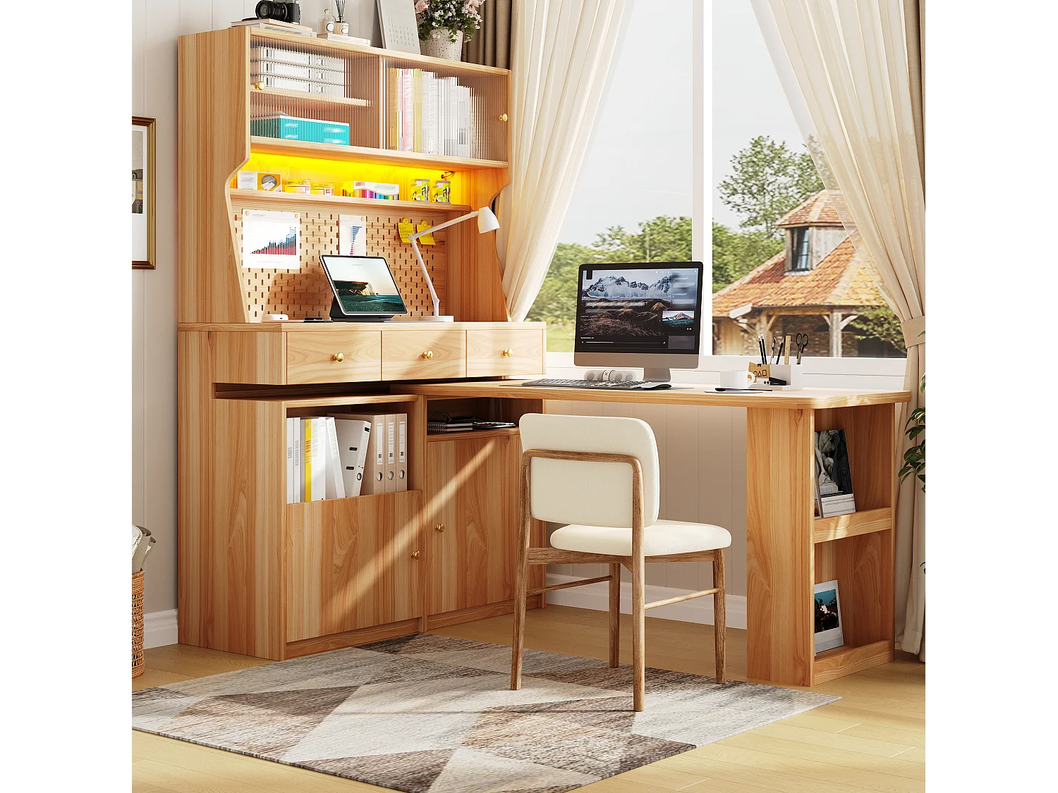 Mobile alto con scrivania, illuminazione a LED, 2 ante scorrevoli, 2 ante a battente, 3 cassetti e pannello forato - MDF - 137 x 74 x 177,7 cm - Naturale