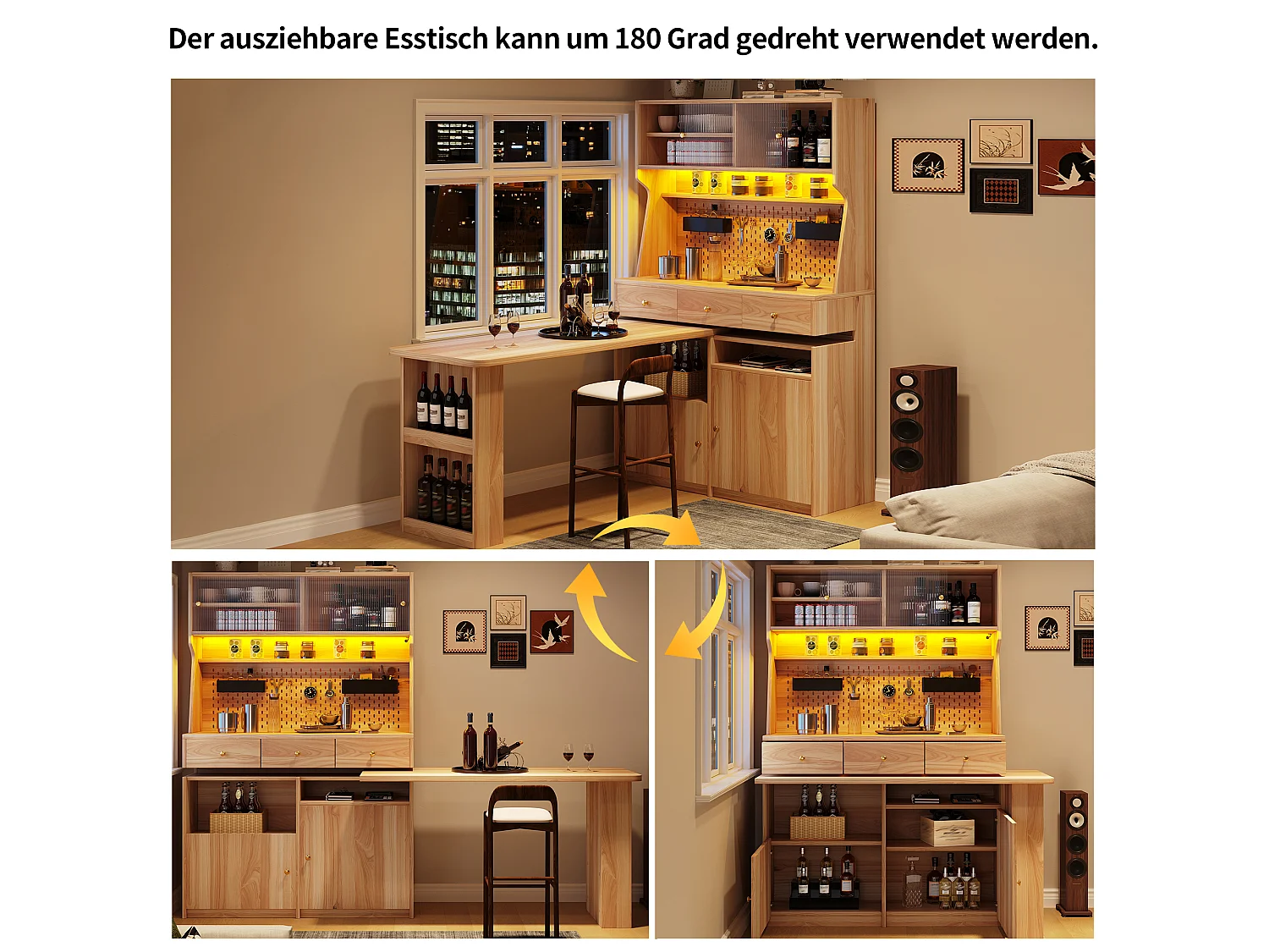 Mobile alto con scrivania, illuminazione a LED, 2 ante scorrevoli, 2 ante a battente, 3 cassetti e pannello forato - MDF - 137 x 74 x 177,7 cm - Naturale