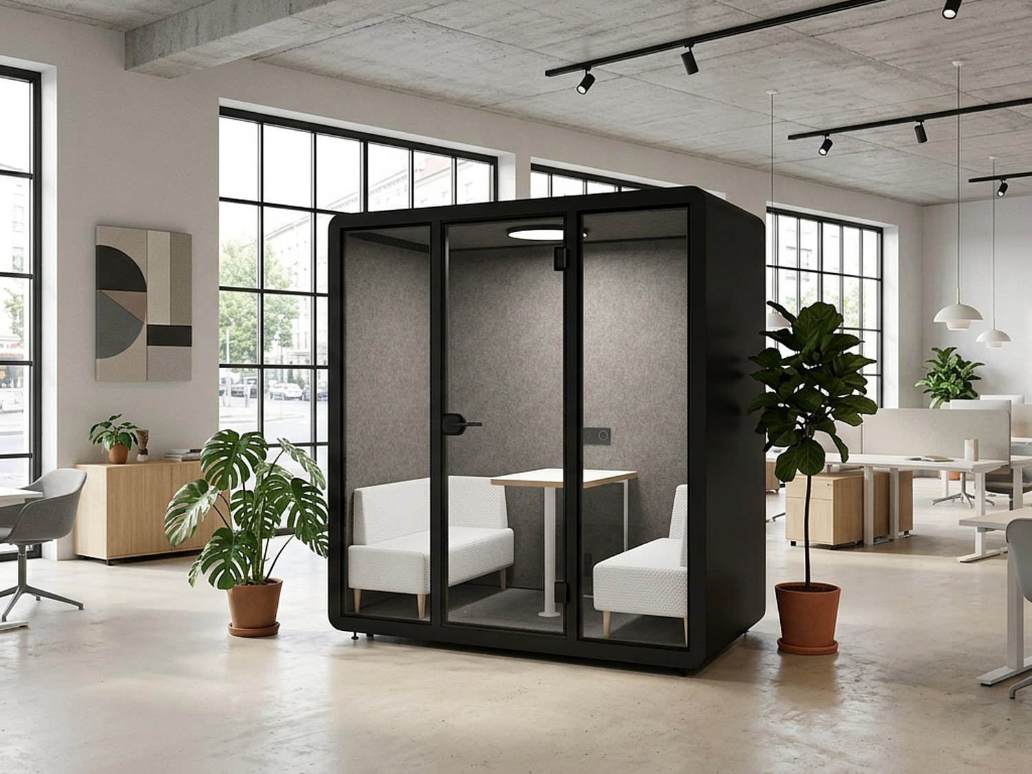 Schallschutzkabine aus Aluminium und Sicherheitsglas - 4 Personen - Mit Möbeln - Schwarz - NABARU