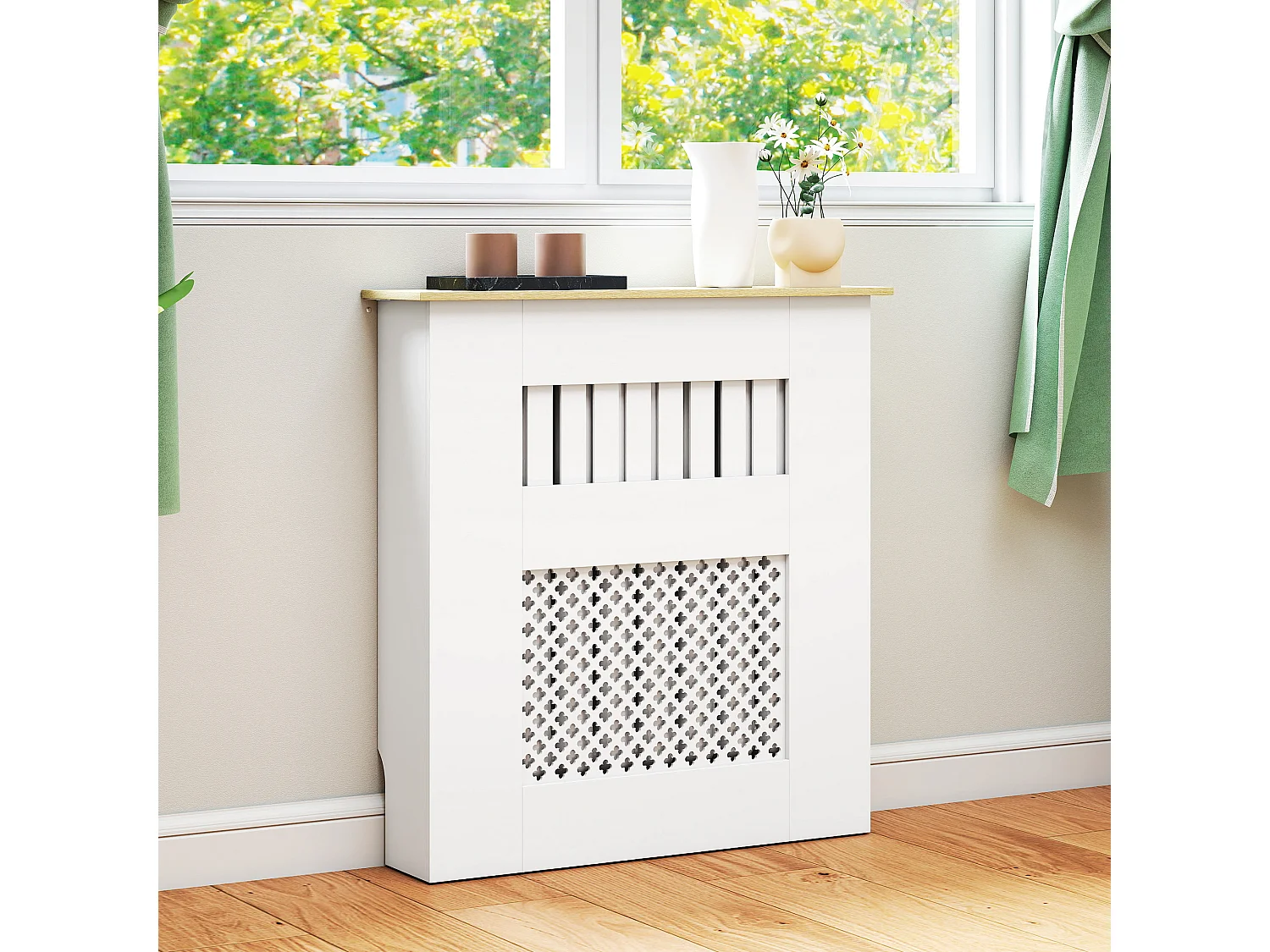 Cache-radiateur design motif étoile dim. 68 x 64 x 80 cm effet bois blanc
