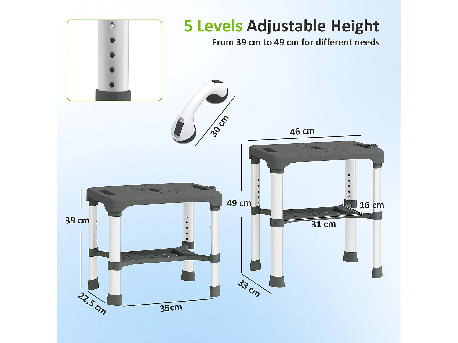 Tabouret de douche réglable avec poignée ventouses étagère support pommeau intégrés