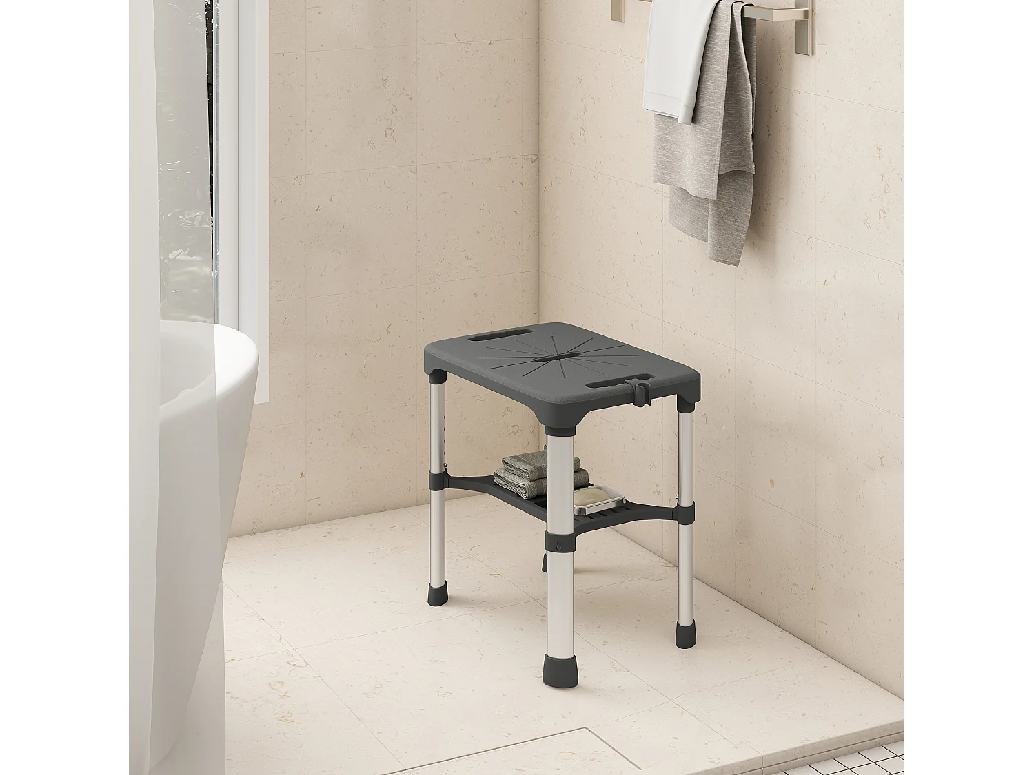 Tabouret de douche réglable avec poignée ventouses étagère support pommeau intégrés