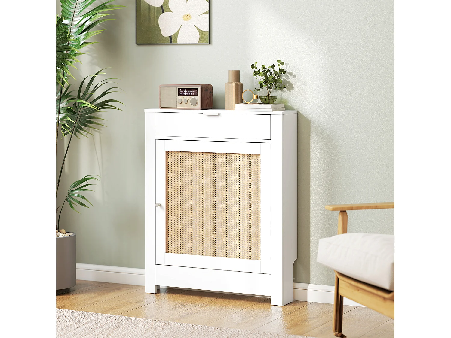 Cache-radiateur style bohème porte rotin + abattante blanc
