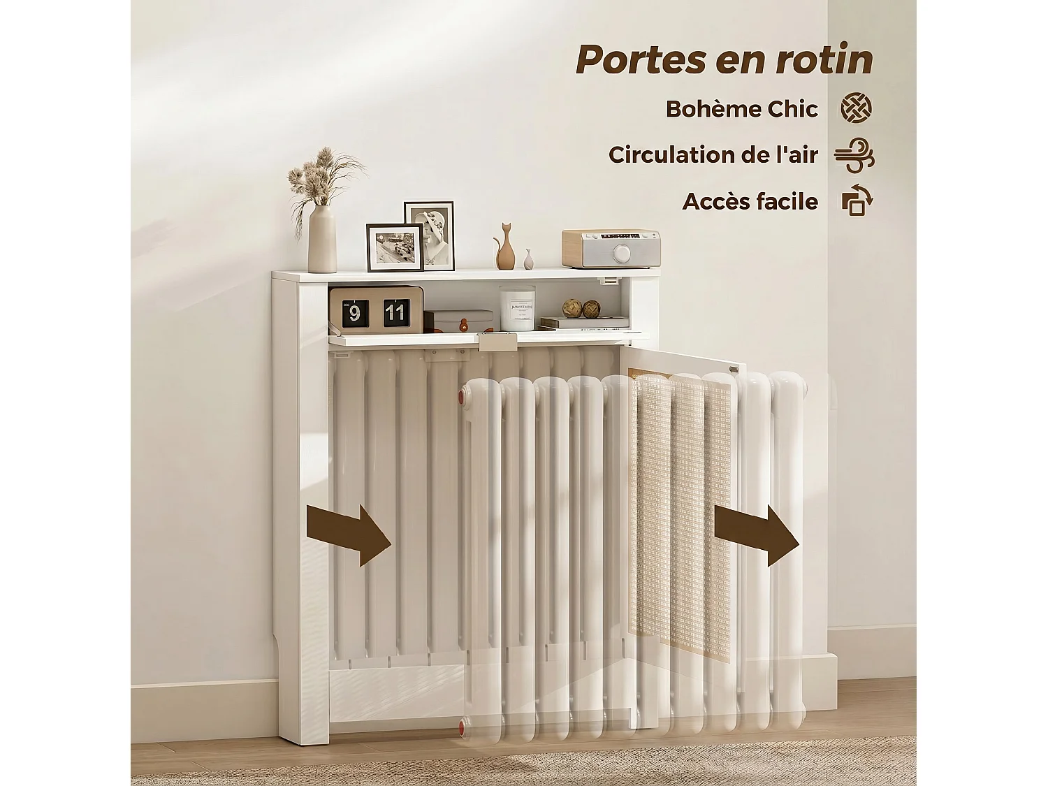 Cache-radiateur style bohème porte rotin + abattante blanc