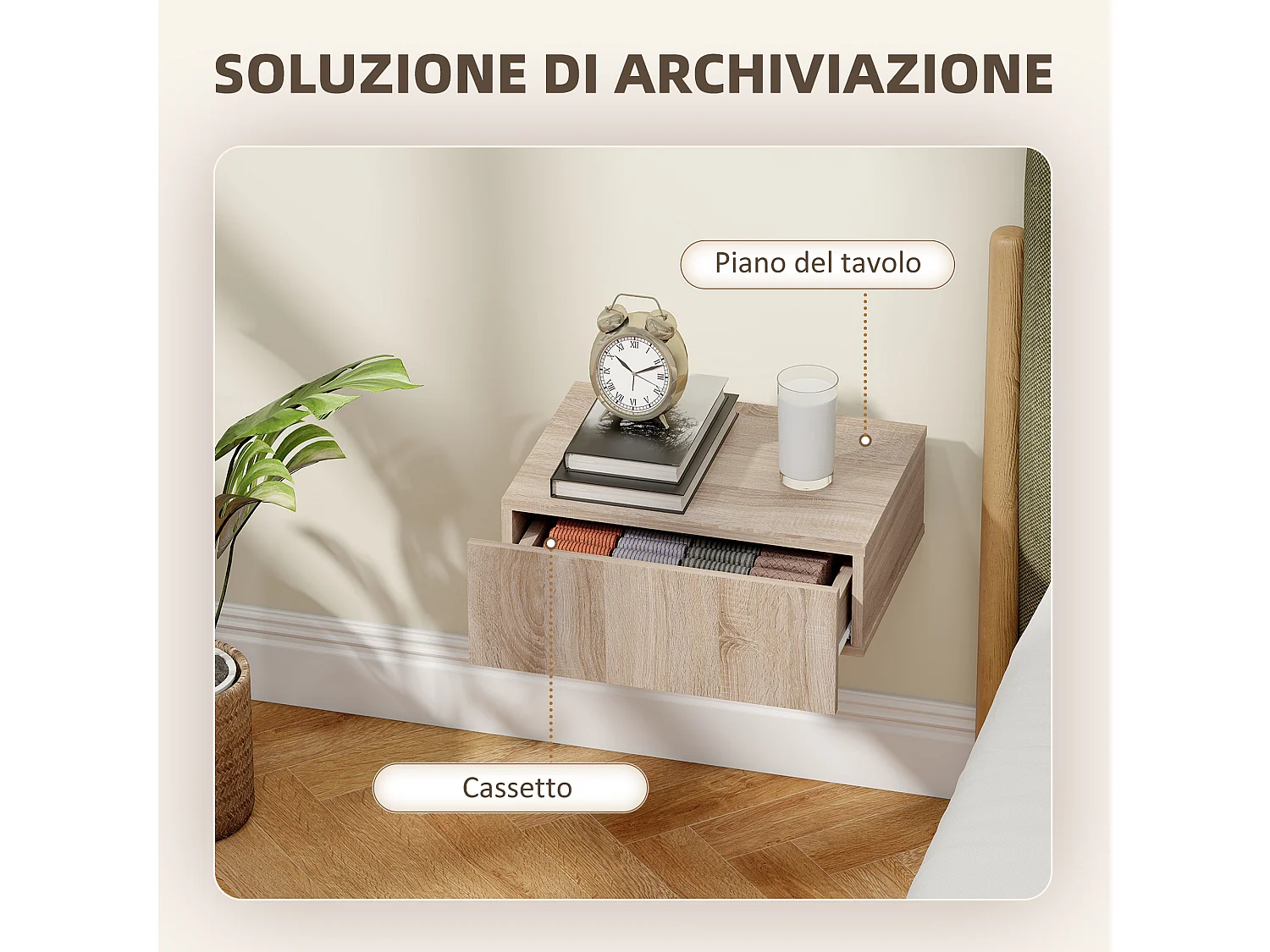 Set di 2 comodini sospesi moderni con cassetto in legno rovere